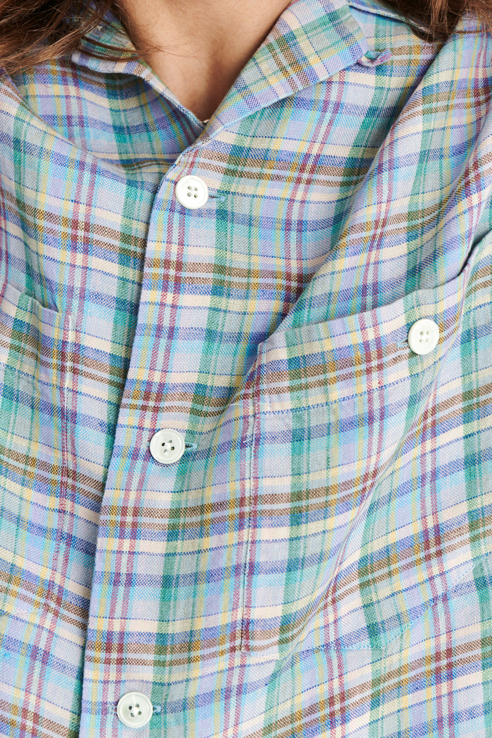 Short Sleeve Camp Collar Shirt in a Vivid Green, Yellow, Light Blue and Rust Red Chequered Italian Linen
