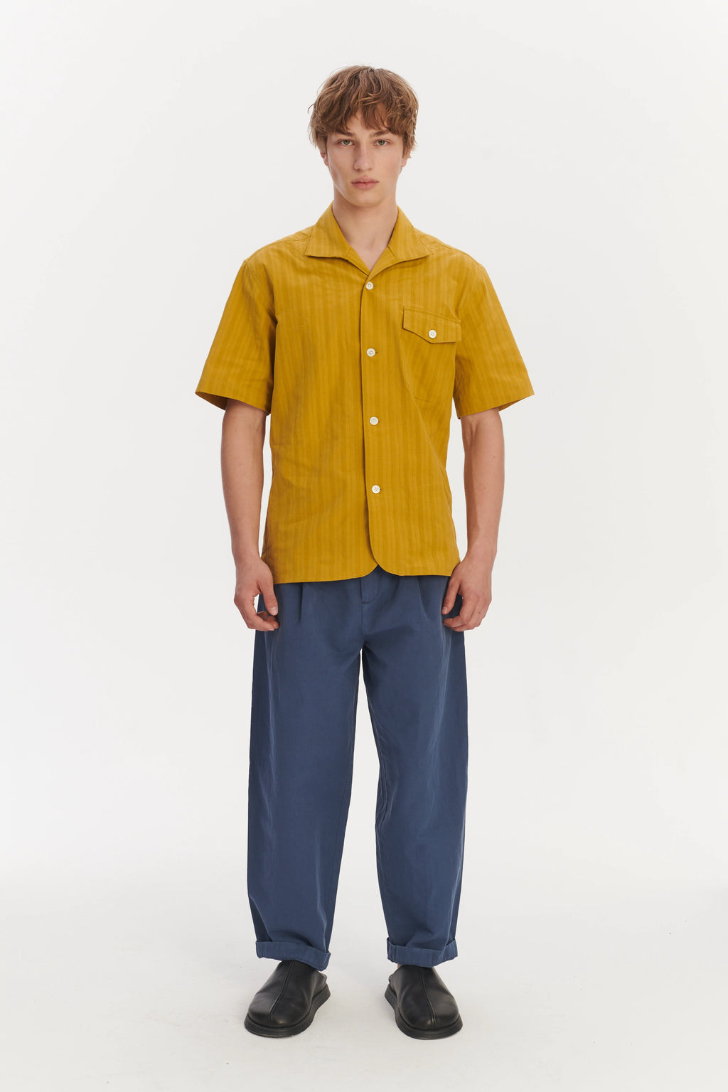 Short Sleeve Tiger Spread Collar Shirt in a Madras Yellow Jacquard Woven Japanese Cotton