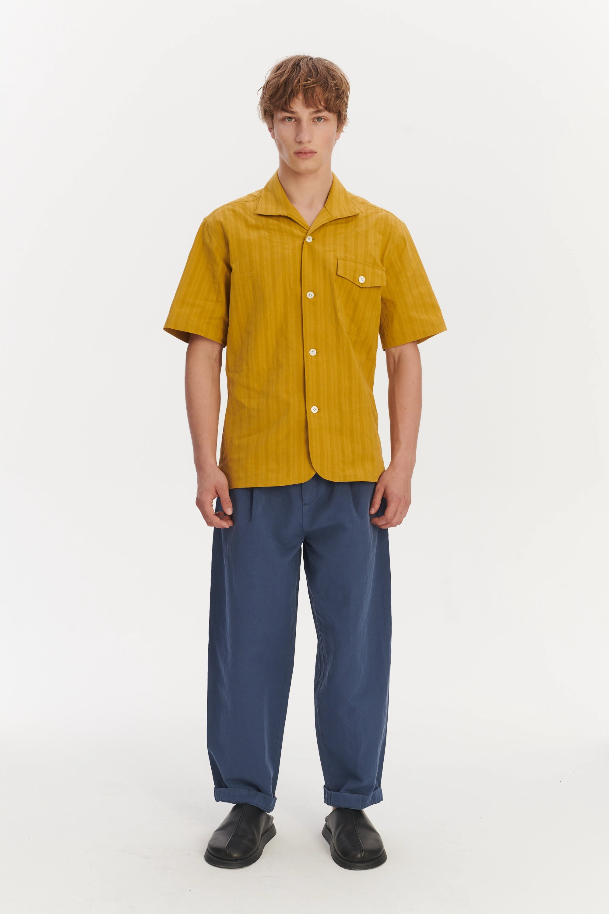 Short Sleeve Tiger Spread Collar Shirt in a Madras Yellow Jacquard Woven Japanese Cotton