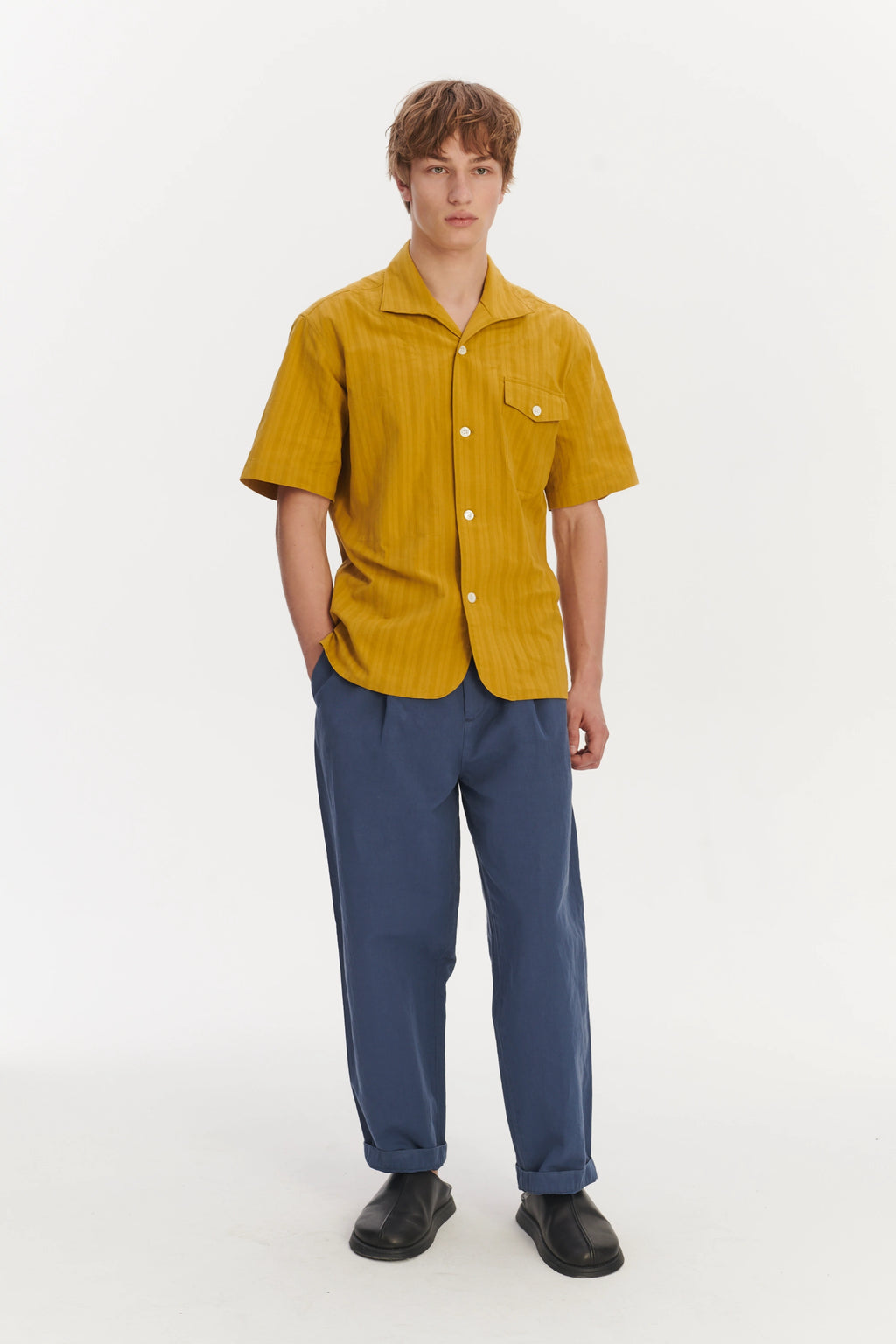 Short Sleeve Tiger Spread Collar Shirt in a Madras Yellow Jacquard Woven Japanese Cotton