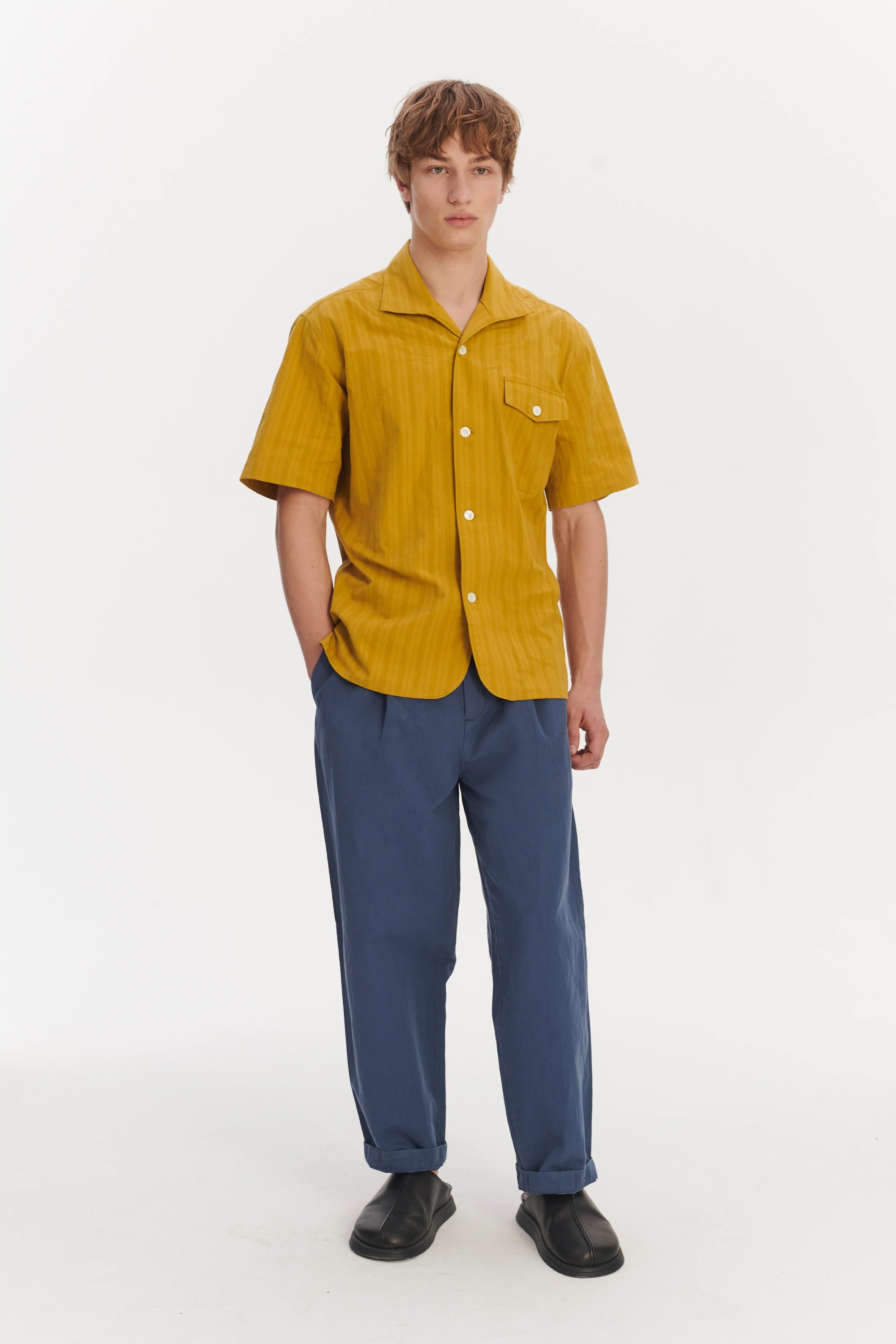 Short Sleeve Tiger Spread Collar Shirt in a Madras Yellow Jacquard Woven Japanese Cotton