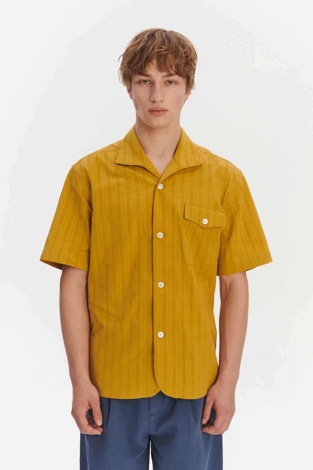 Short Sleeve Tiger Spread Collar Shirt in a Madras Yellow Jacquard Woven Japanese Cotton