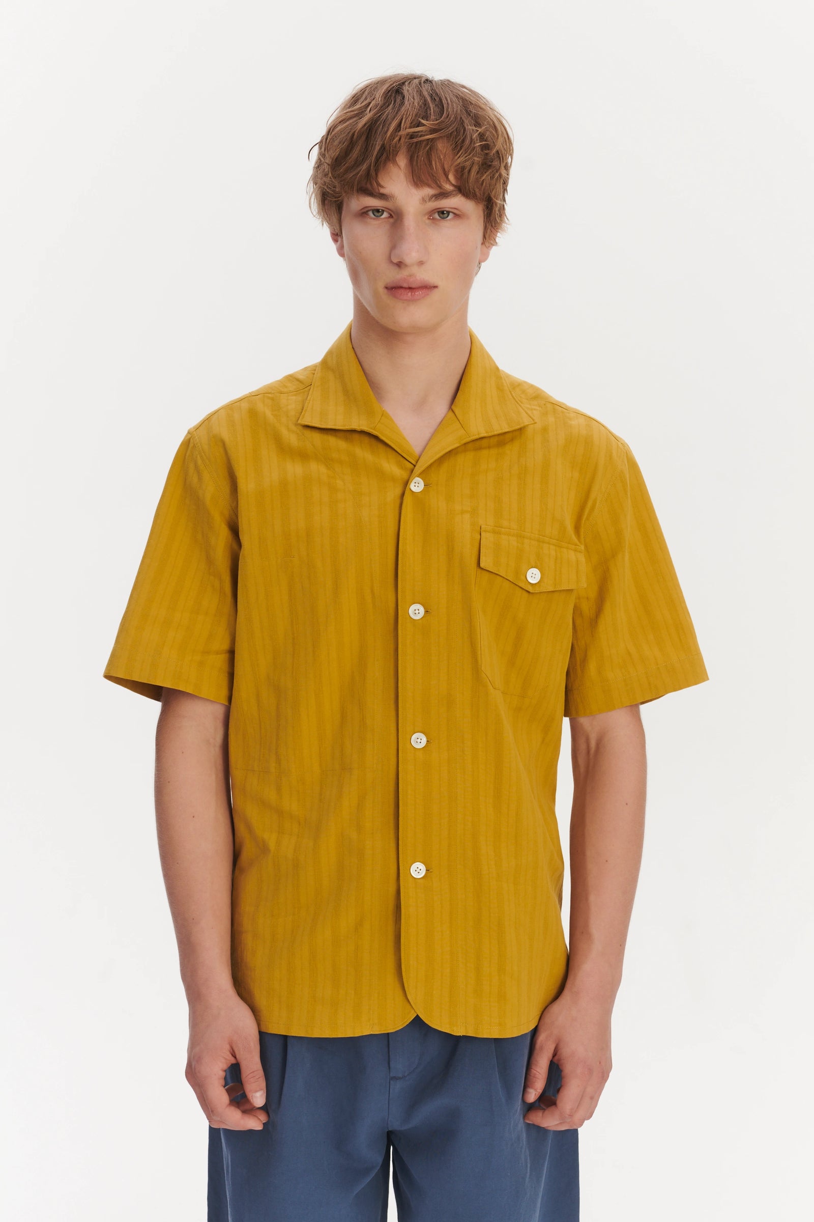 Short Sleeve Tiger Spread Collar Shirt in a Madras Yellow Jacquard Woven Japanese Cotton
