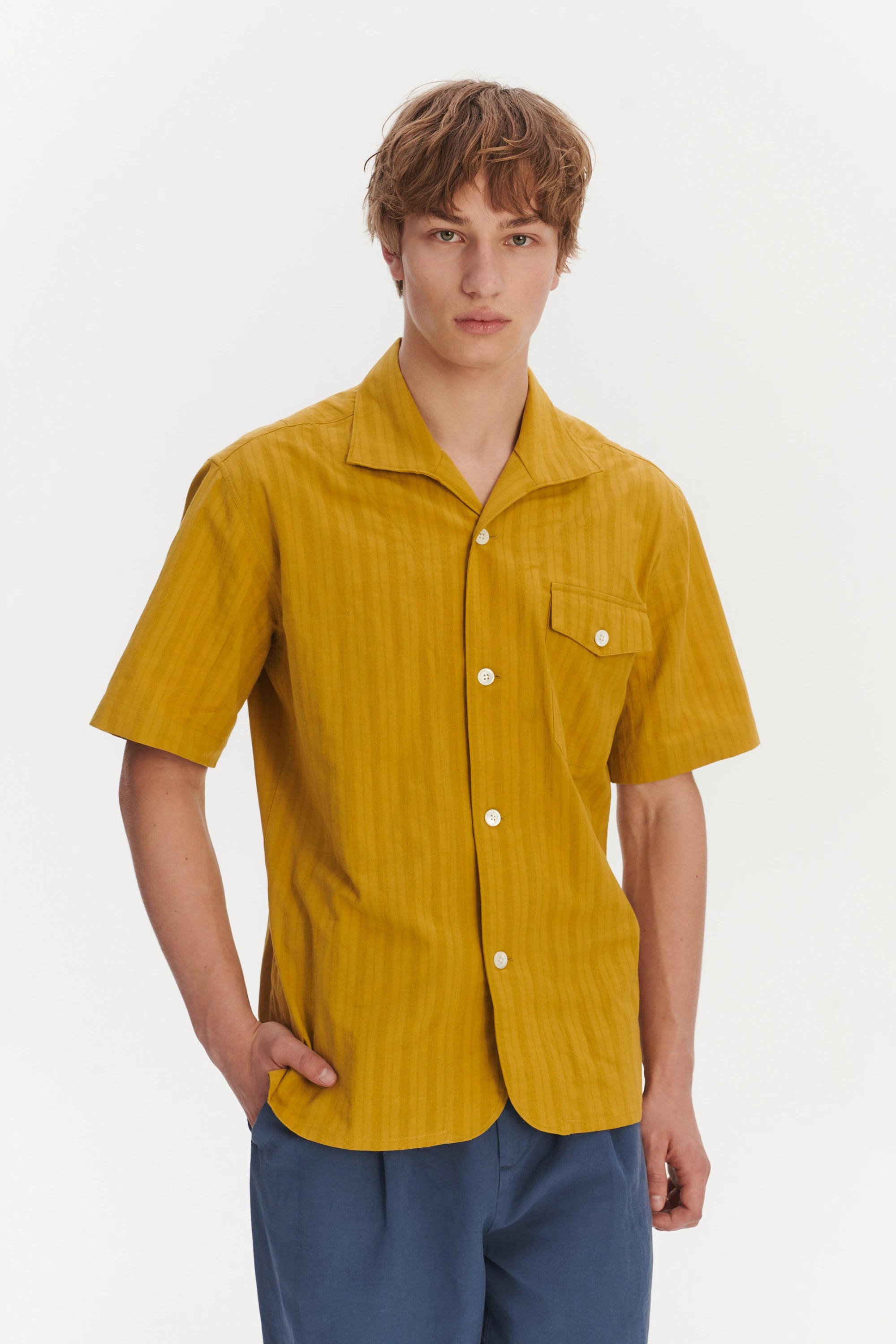 Short Sleeve Tiger Spread Collar Shirt in a Madras Yellow Jacquard Woven Japanese Cotton