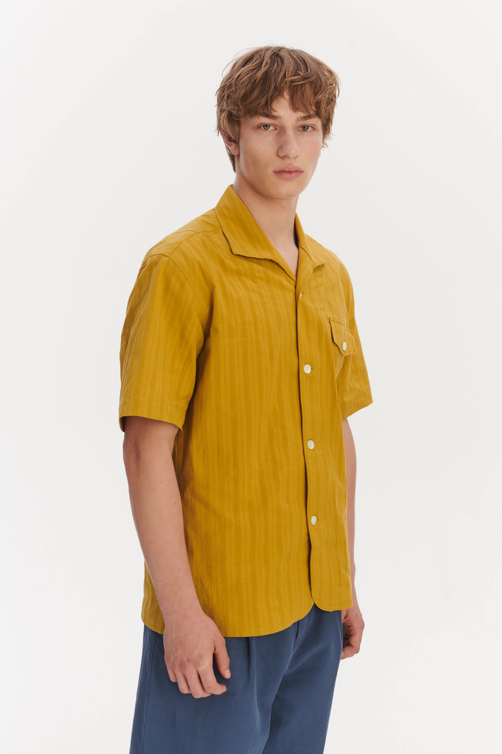Short Sleeve Tiger Spread Collar Shirt in a Madras Yellow Jacquard Woven Japanese Cotton