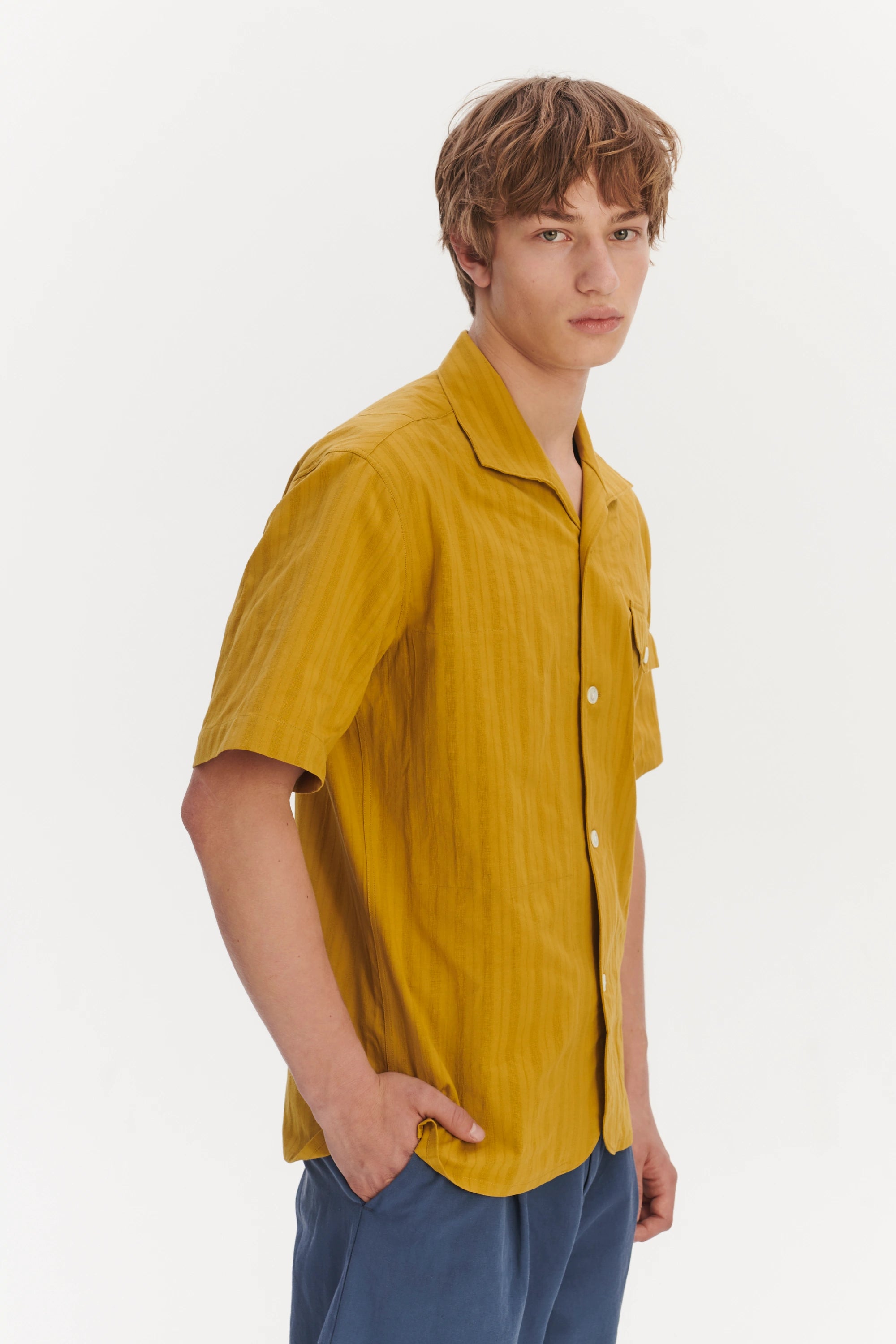 Short Sleeve Tiger Spread Collar Shirt in a Madras Yellow Jacquard Woven Japanese Cotton