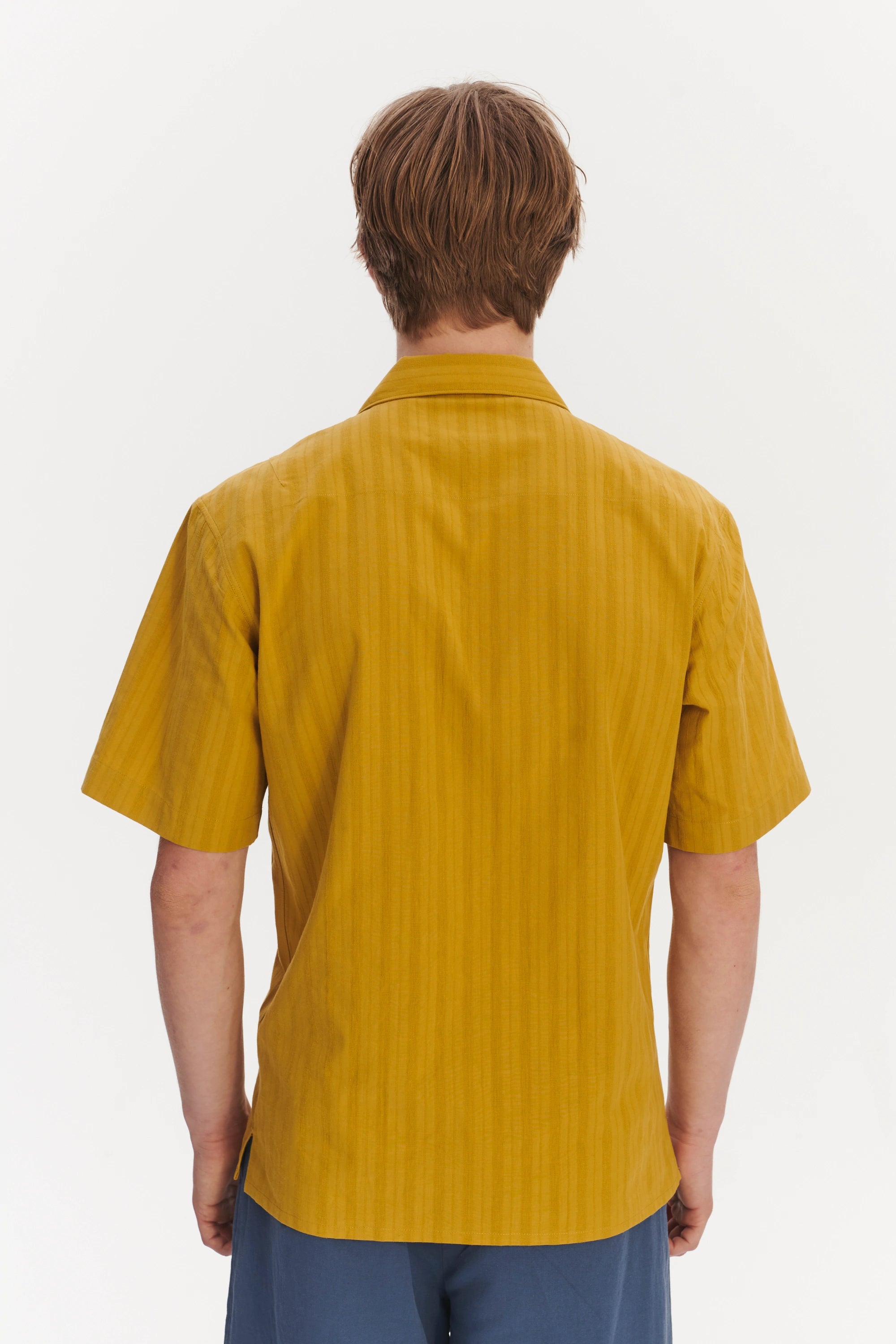 Short Sleeve Tiger Spread Collar Shirt in a Madras Yellow Jacquard Woven Japanese Cotton