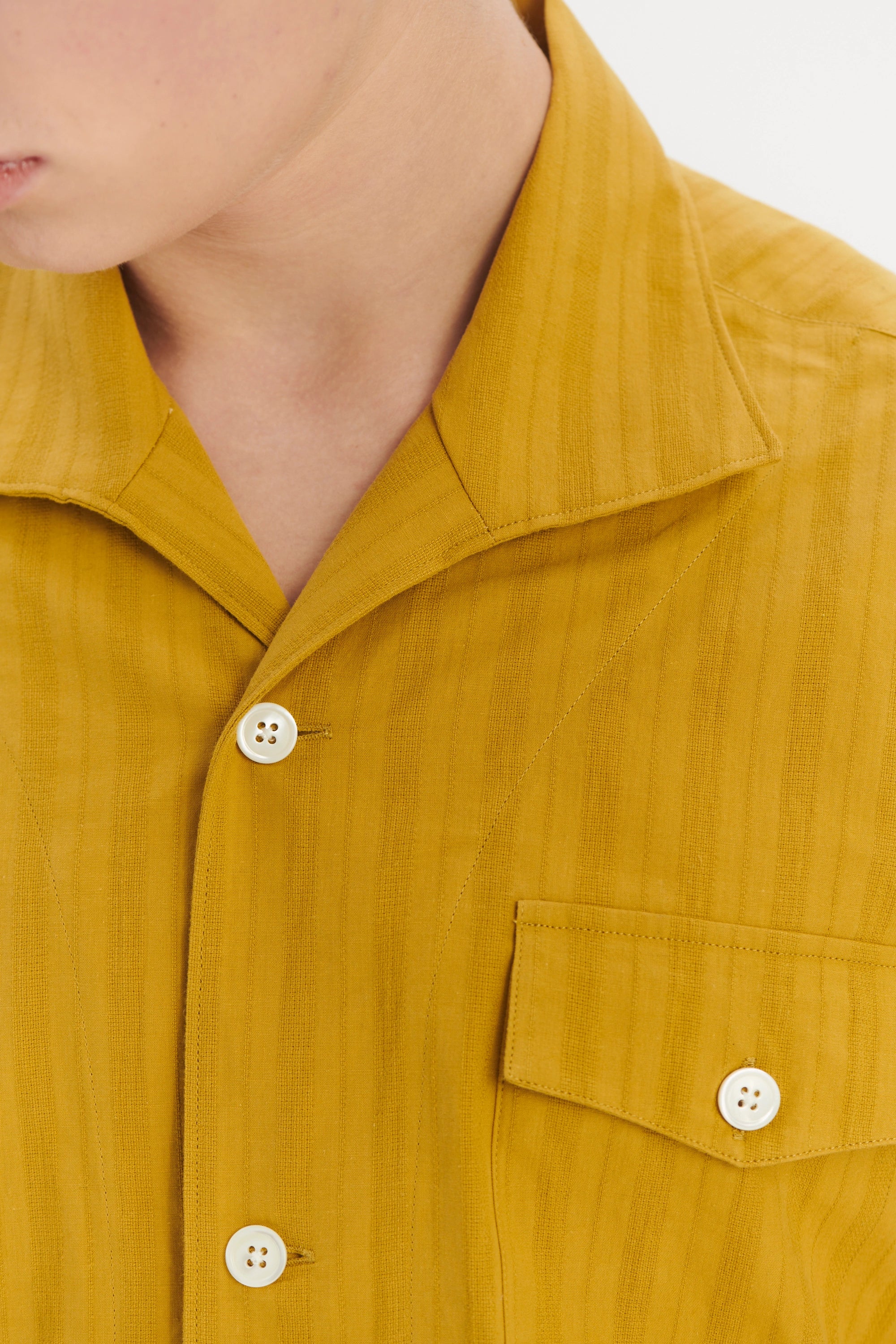 Short Sleeve Tiger Spread Collar Shirt in a Madras Yellow Jacquard Woven Japanese Cotton