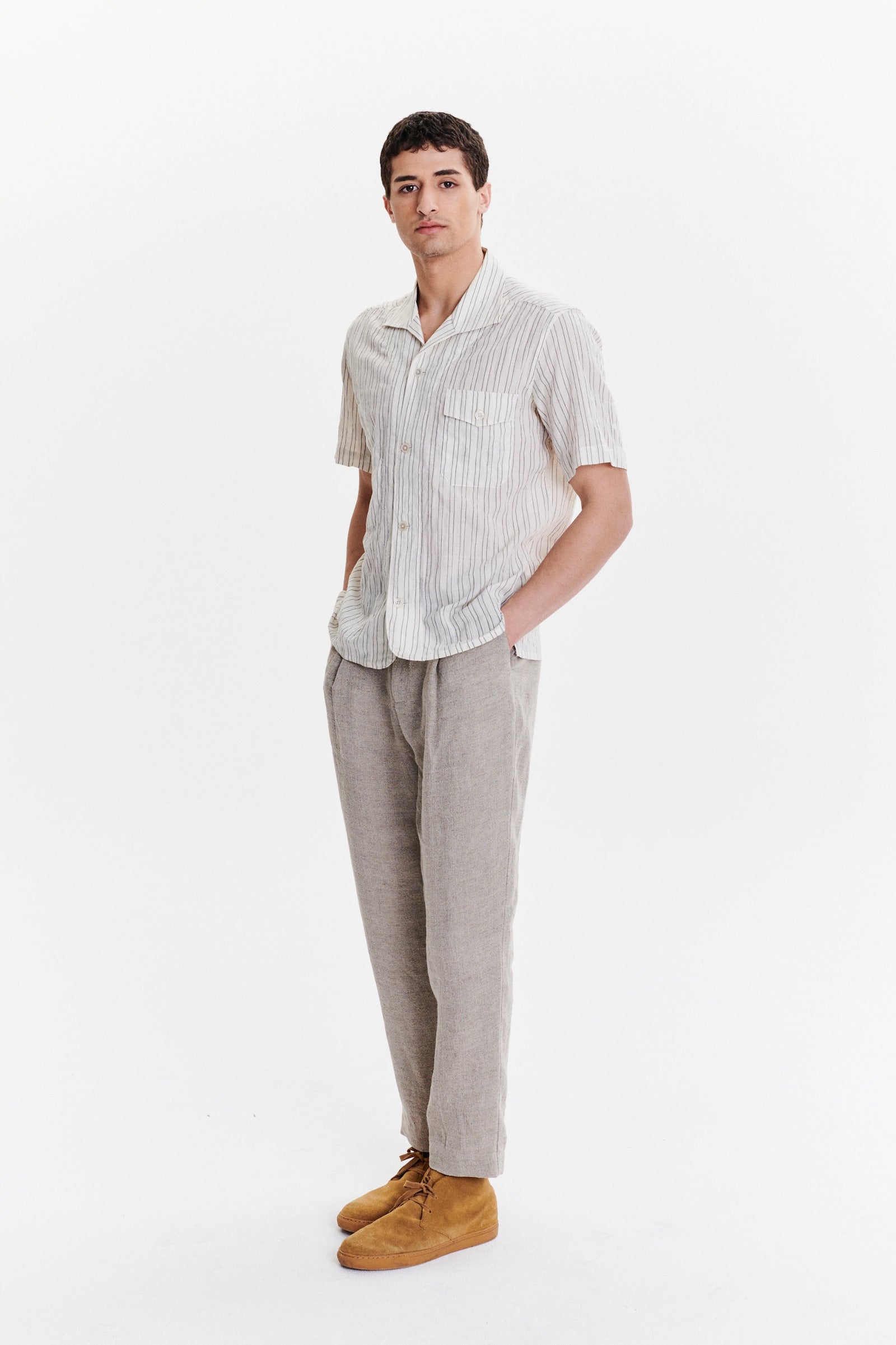 Short Sleeve Tiger Spread Collar Shirt in a White and Subtle Black Striped Japanese Organic Airy Cotton