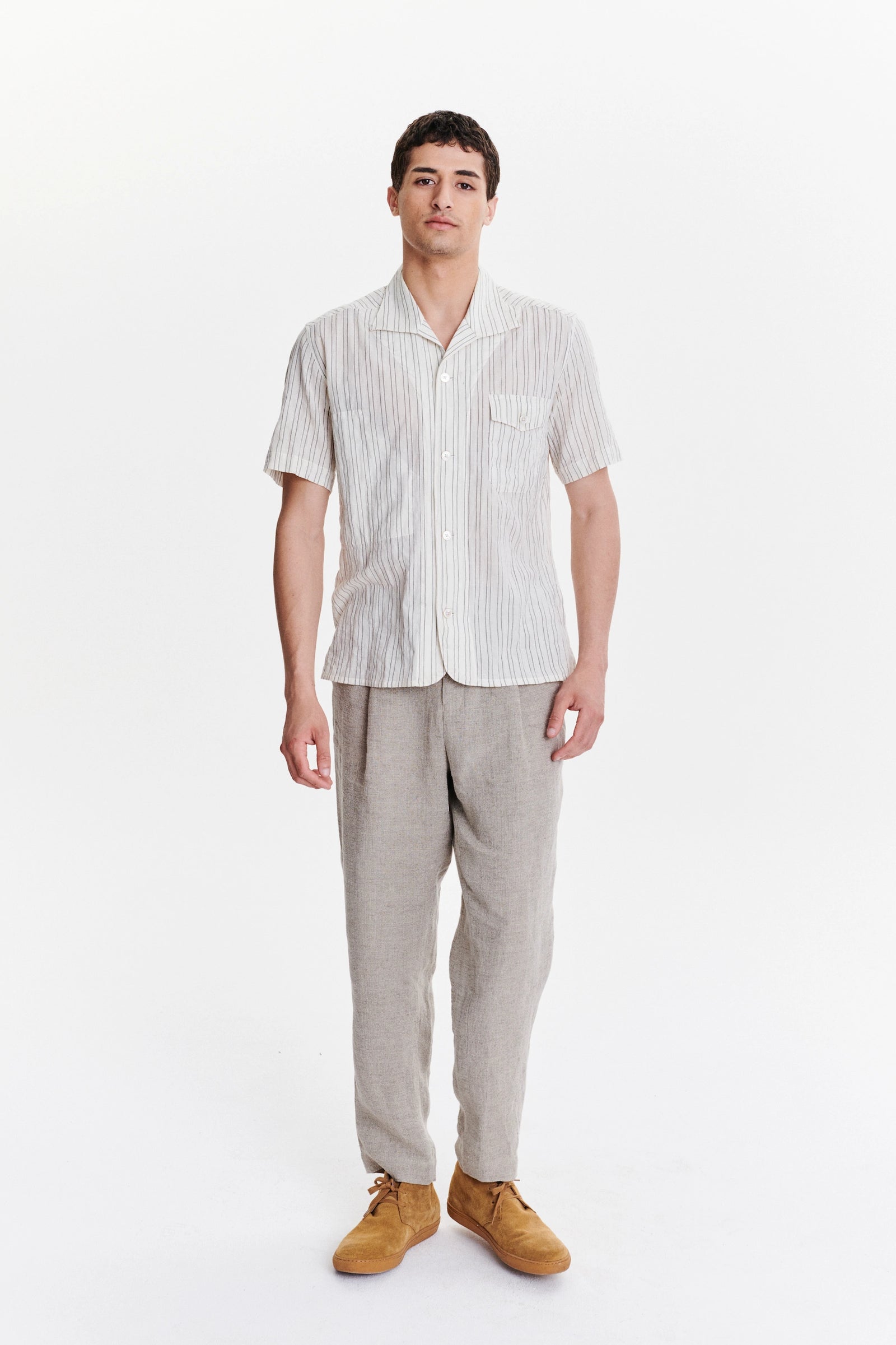 Short Sleeve Tiger Spread Collar Shirt in a White and Subtle Black Striped Japanese Organic Airy Cotton