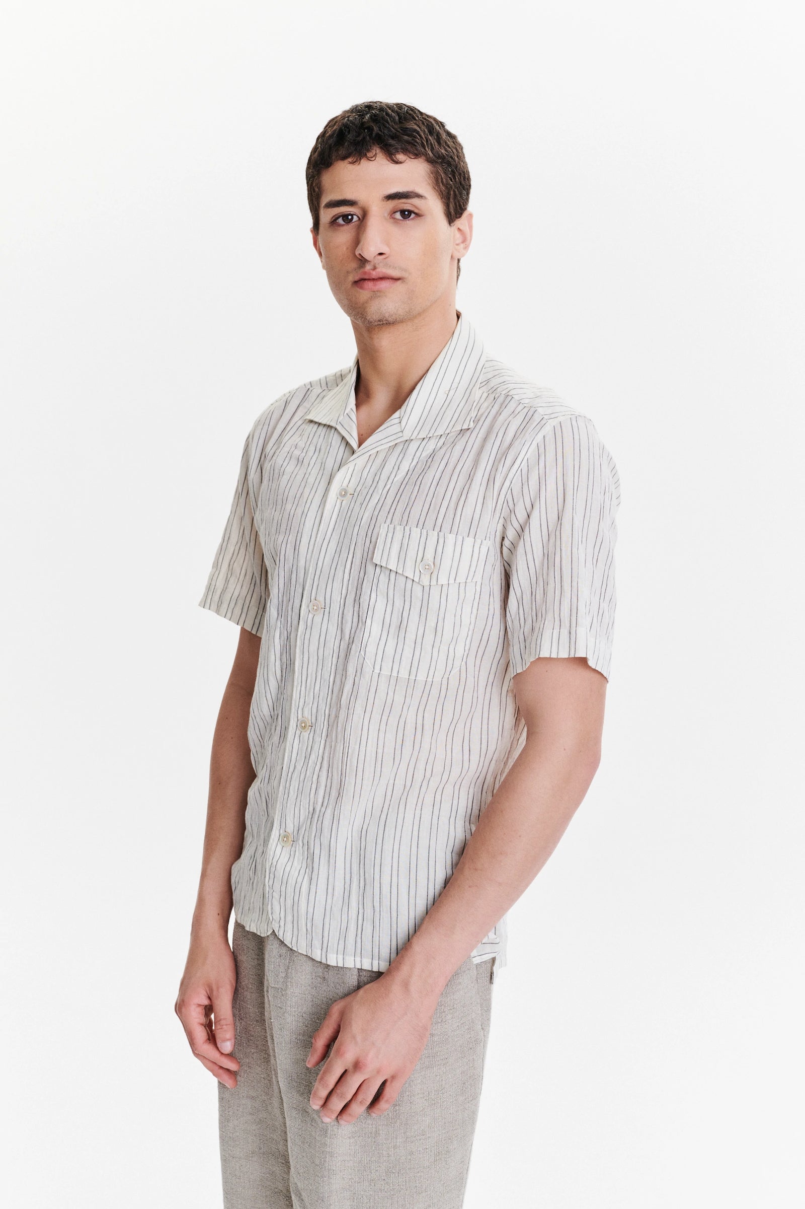 Short Sleeve Tiger Spread Collar Shirt in a White and Subtle Black Striped Japanese Organic Airy Cotton