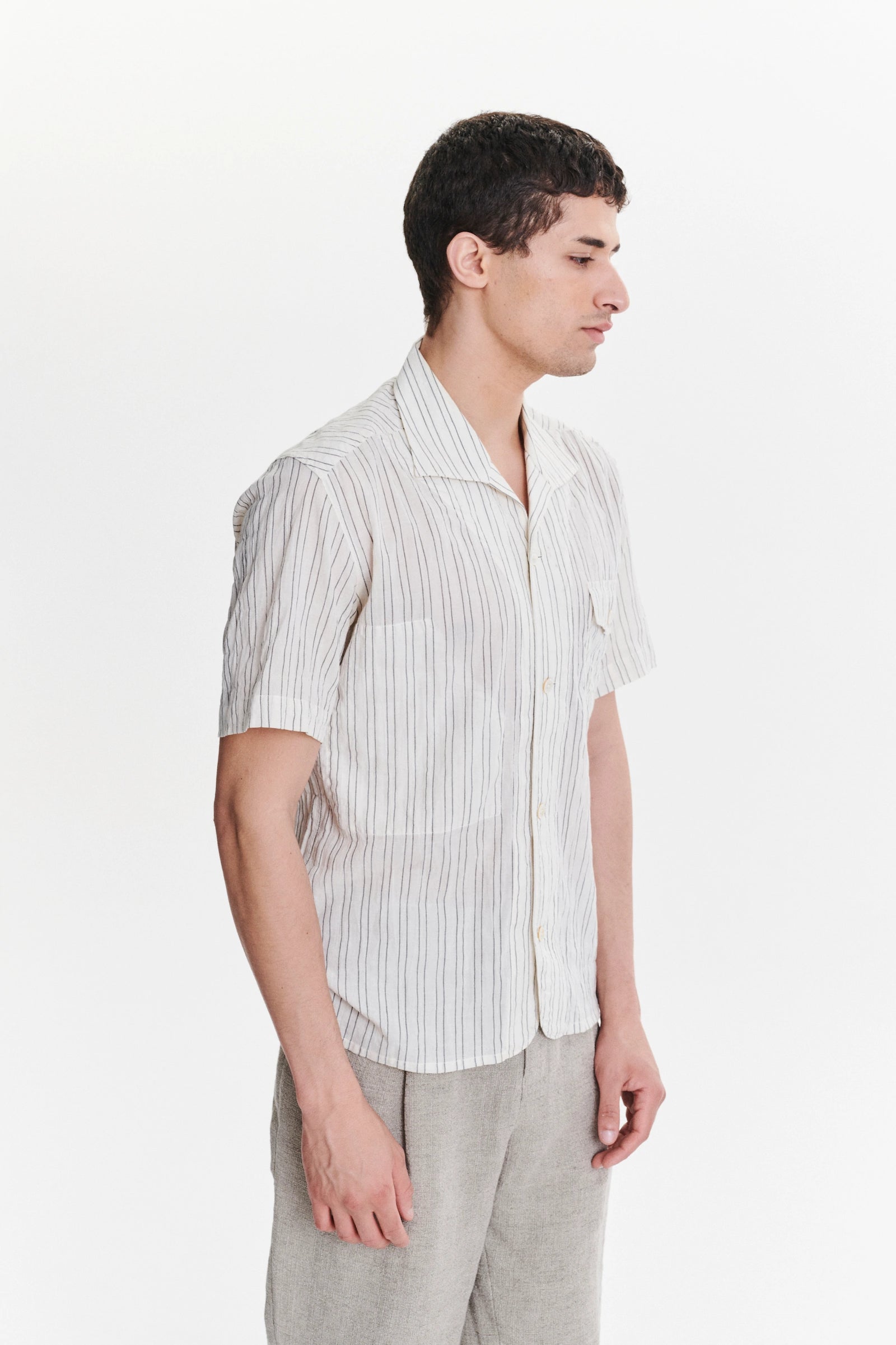 Short Sleeve Tiger Spread Collar Shirt in a White and Subtle Black Striped Japanese Organic Airy Cotton