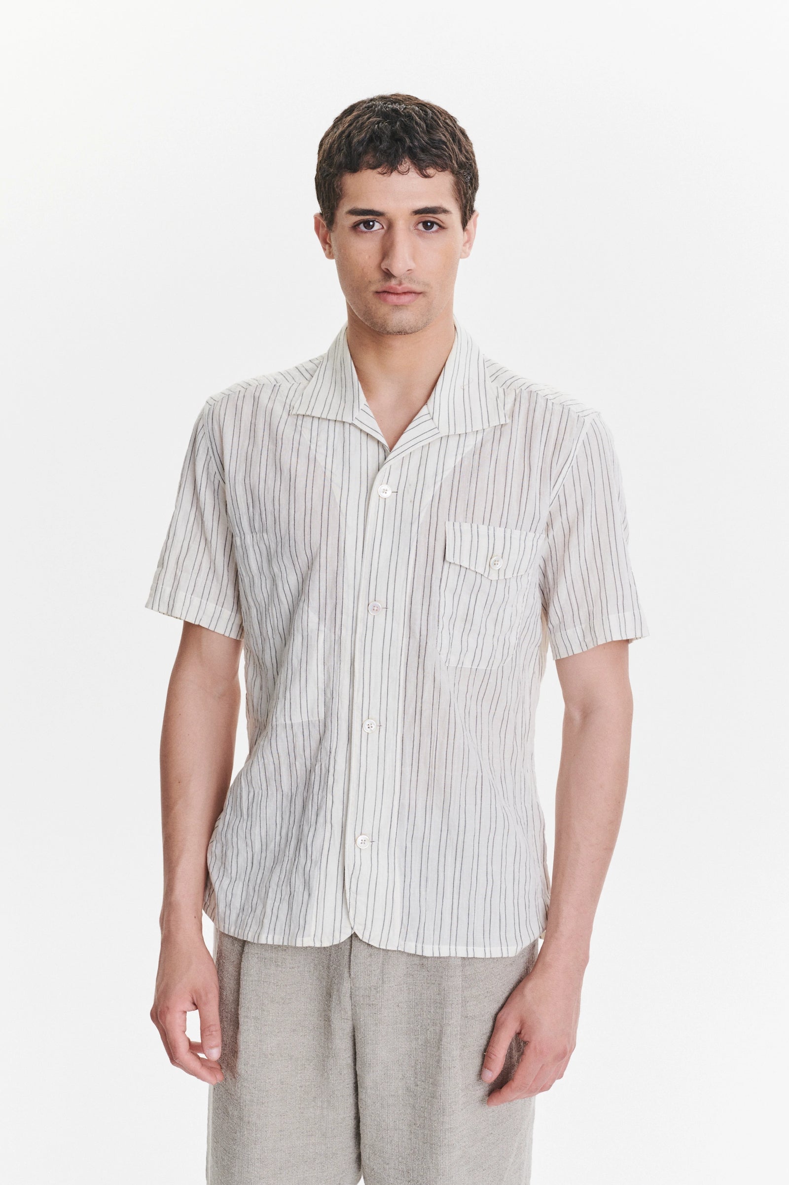 Short Sleeve Tiger Spread Collar Shirt in a White and Subtle Black Striped Japanese Organic Airy Cotton