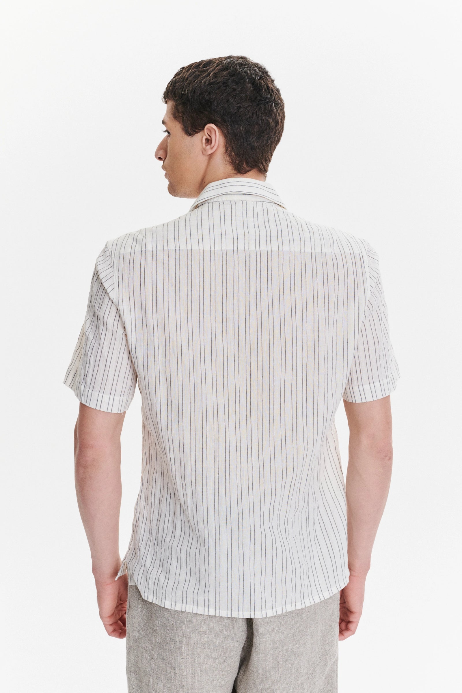 Short Sleeve Tiger Spread Collar Shirt in a White and Subtle Black Striped Japanese Organic Airy Cotton