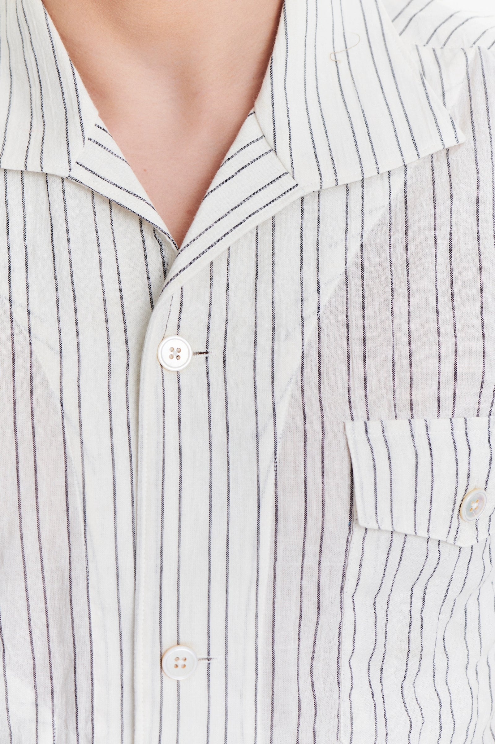 Short Sleeve Tiger Spread Collar Shirt in a White and Subtle Black Striped Japanese Organic Airy Cotton