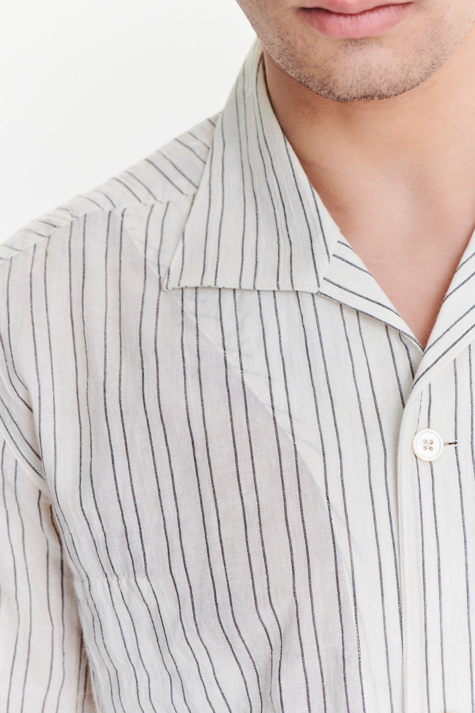 Short Sleeve Tiger Spread Collar Shirt in a White and Subtle Black Striped Japanese Organic Airy Cotton