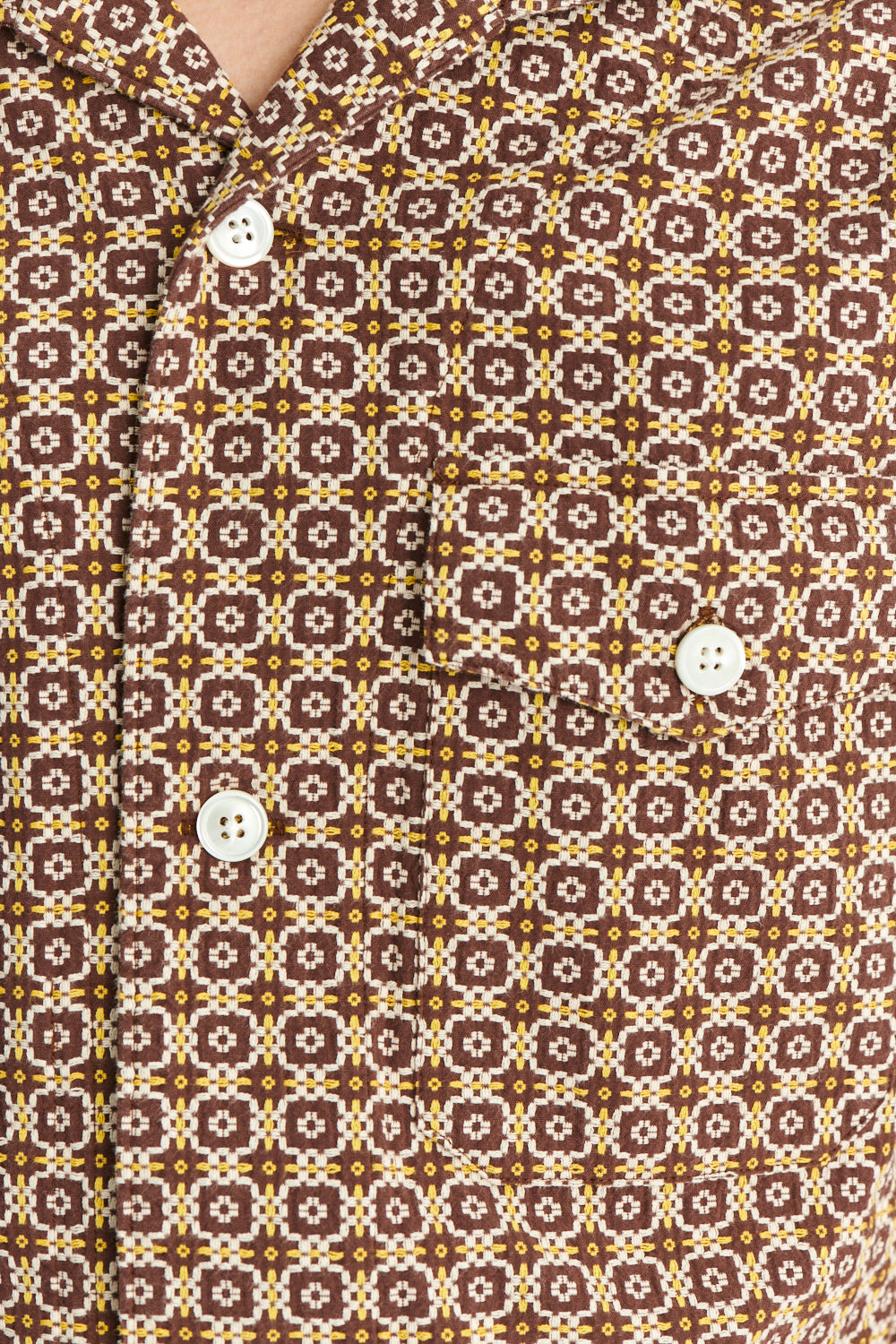Short Sleeve Tiger Spread Collar Shirt in a Brown and Yellow Portuguese Jacquard Woven Cotton