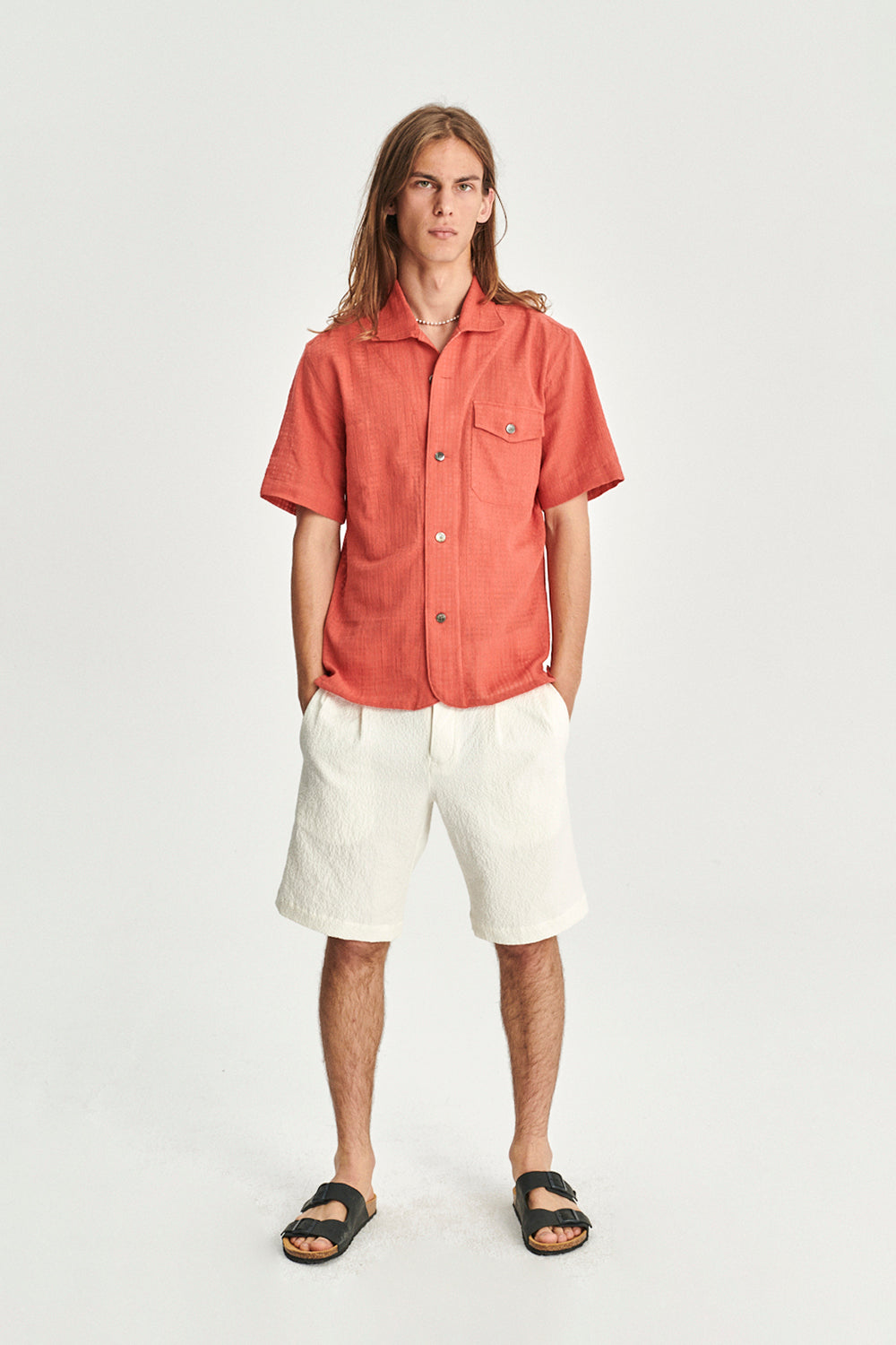 Short Sleeve Tiger Spread Collar Shirt in a Soft Coral Red Airy Portuguese Cotton