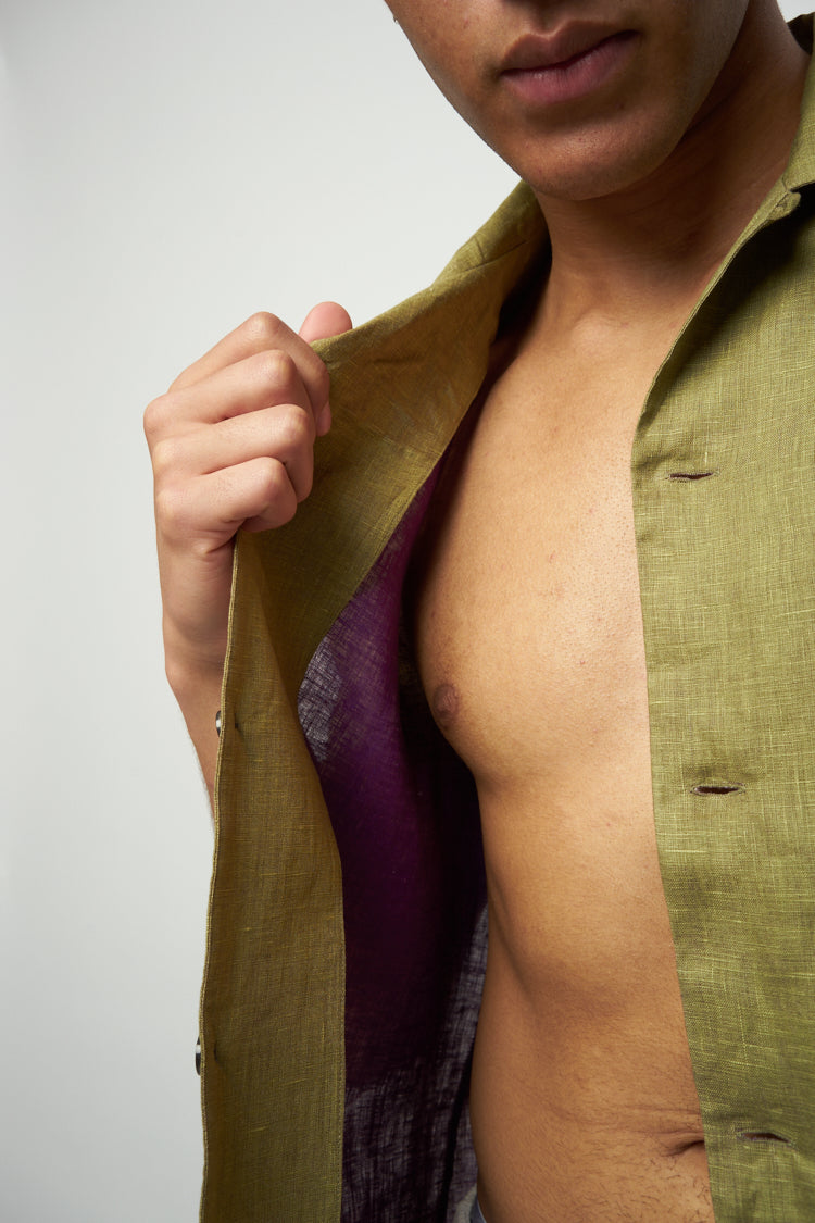 Short Sleeve Relaxed Camp Collar Shirt in Double Sided Green and Purple Linen