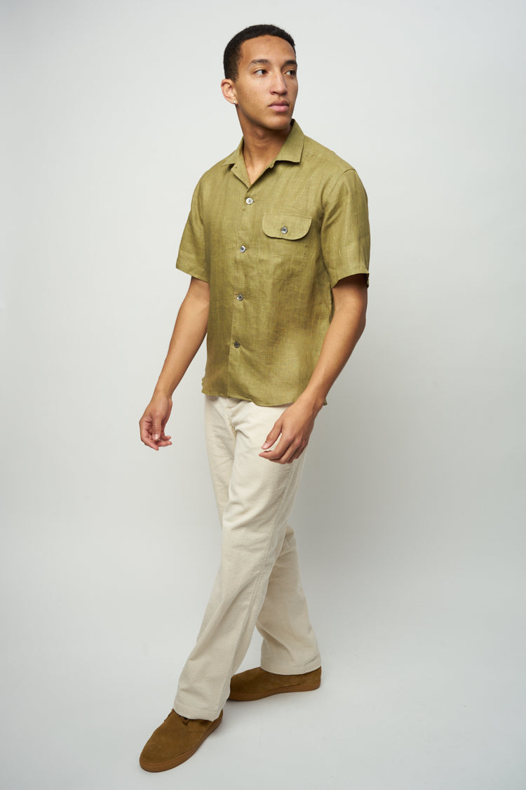 Short Sleeve Relaxed Camp Collar Shirt in Double Sided Green and Purple Linen