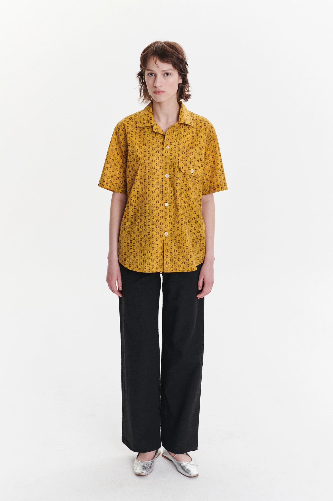Unisex Short Sleeve Relaxed Camp Collar Shirt in a Yellow and Sepia Brown Abstract Print