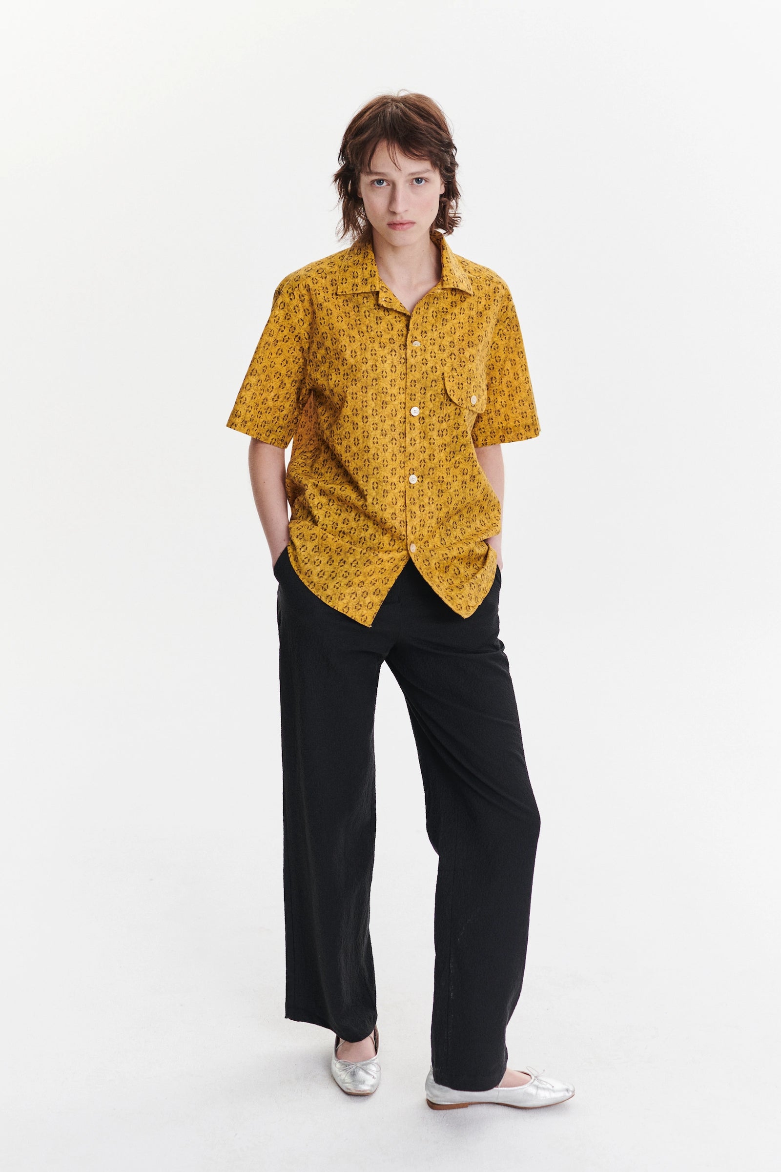 Unisex Short Sleeve Camp Collar Shirt in a Curcuma and Sepia Italian Cotton