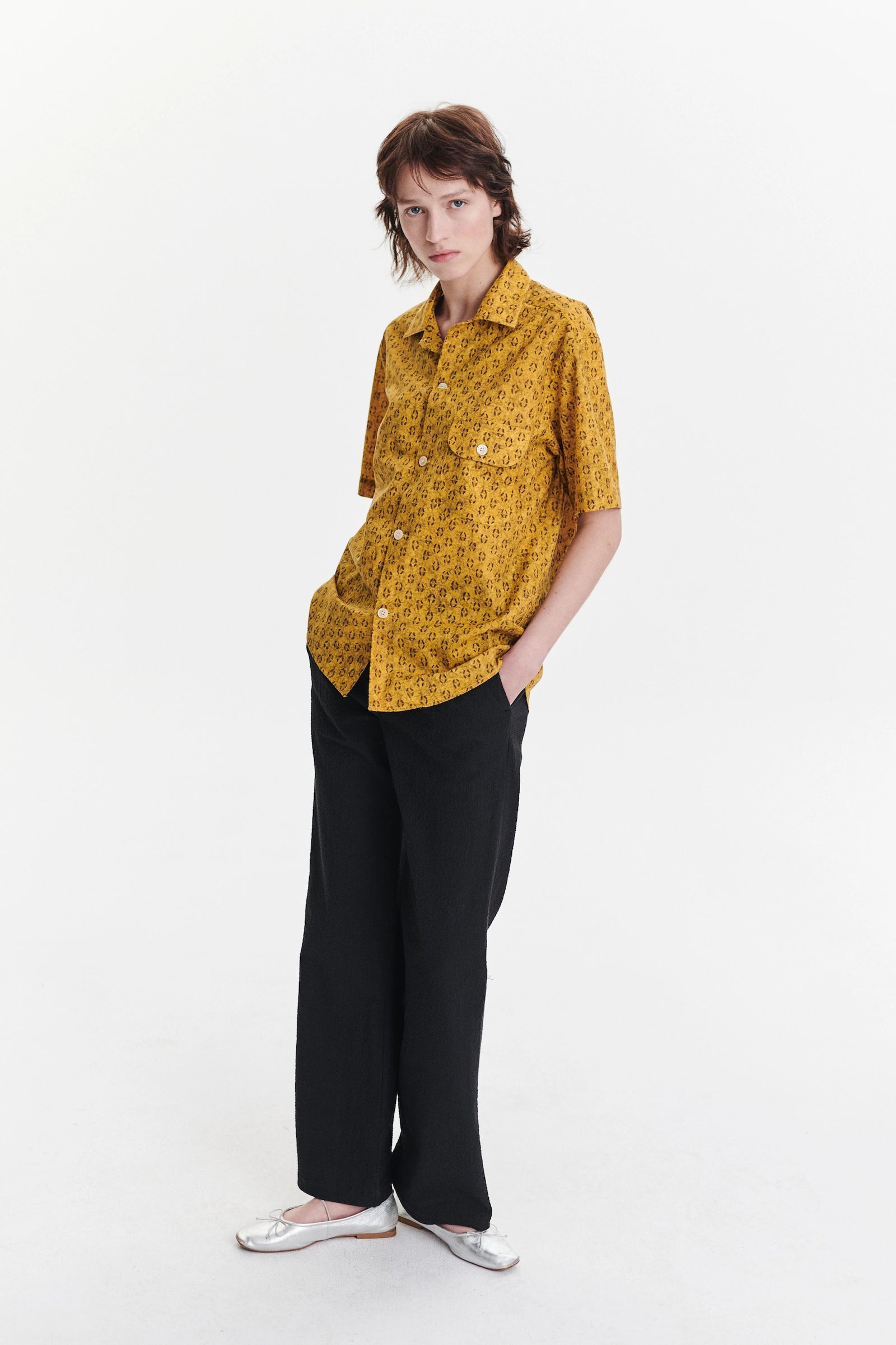 Unisex Short Sleeve Camp Collar Shirt in a Curcuma and Sepia Italian Cotton