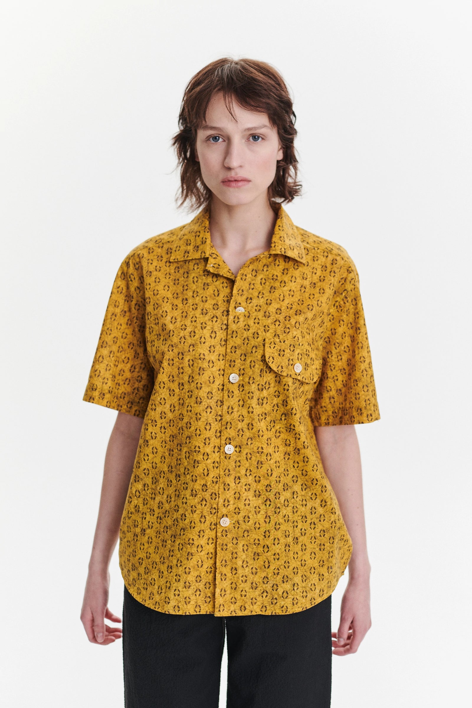 Unisex Short Sleeve Camp Collar Shirt in a Curcuma and Sepia Italian Cotton