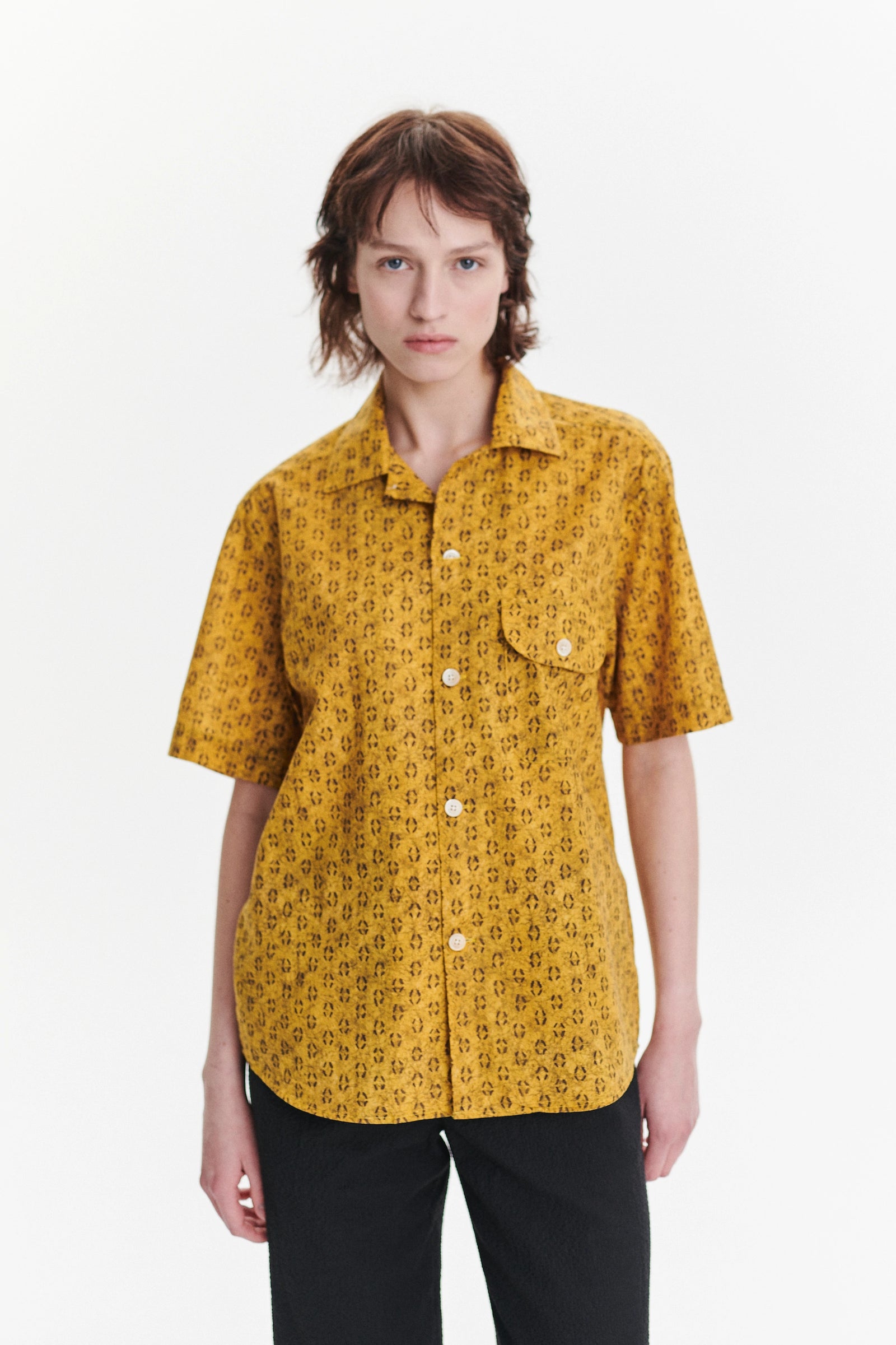 Unisex Short Sleeve Camp Collar Shirt in a Curcuma and Sepia Italian Cotton