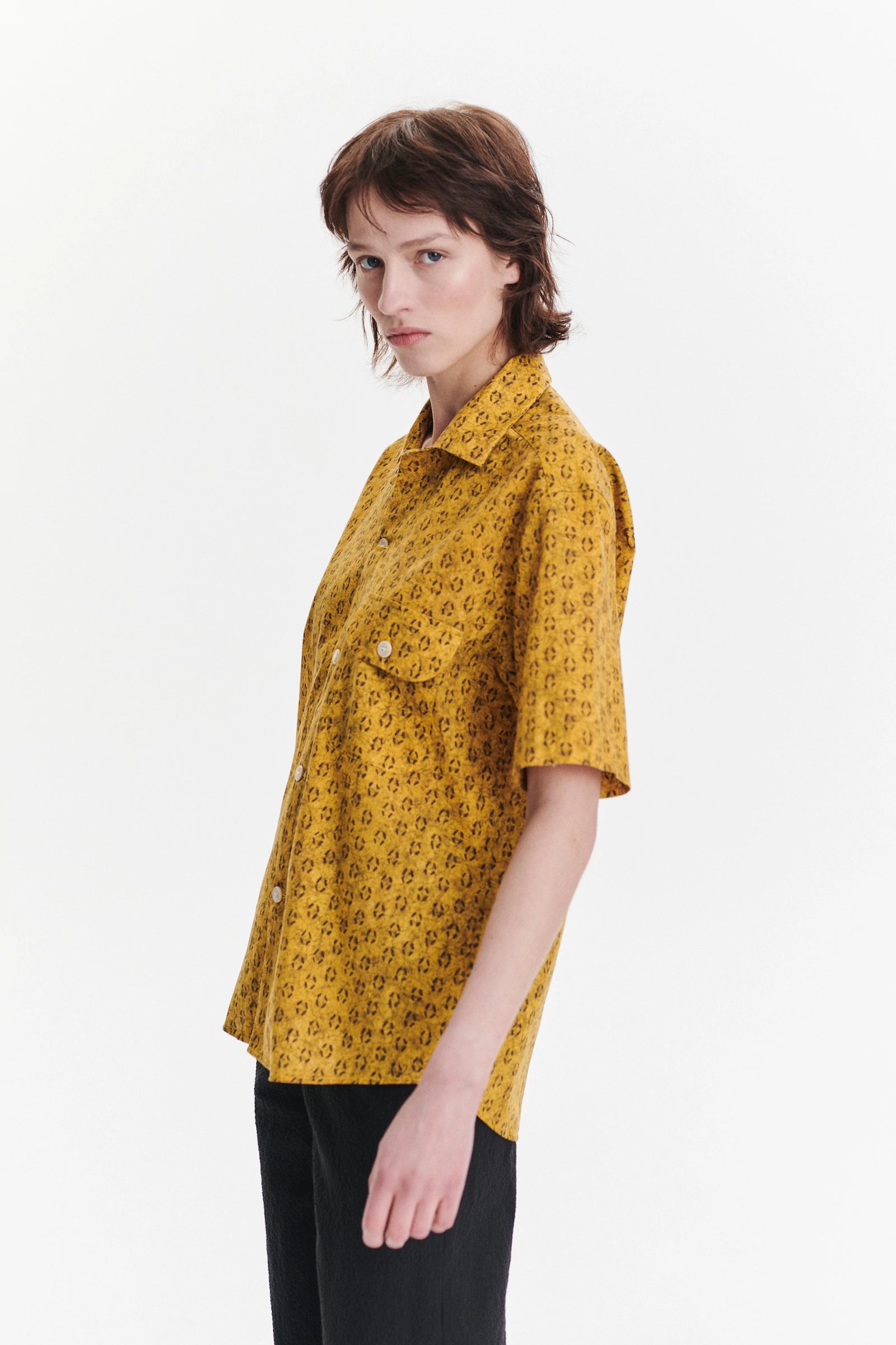 Unisex Short Sleeve Camp Collar Shirt in a Curcuma and Sepia Italian Cotton