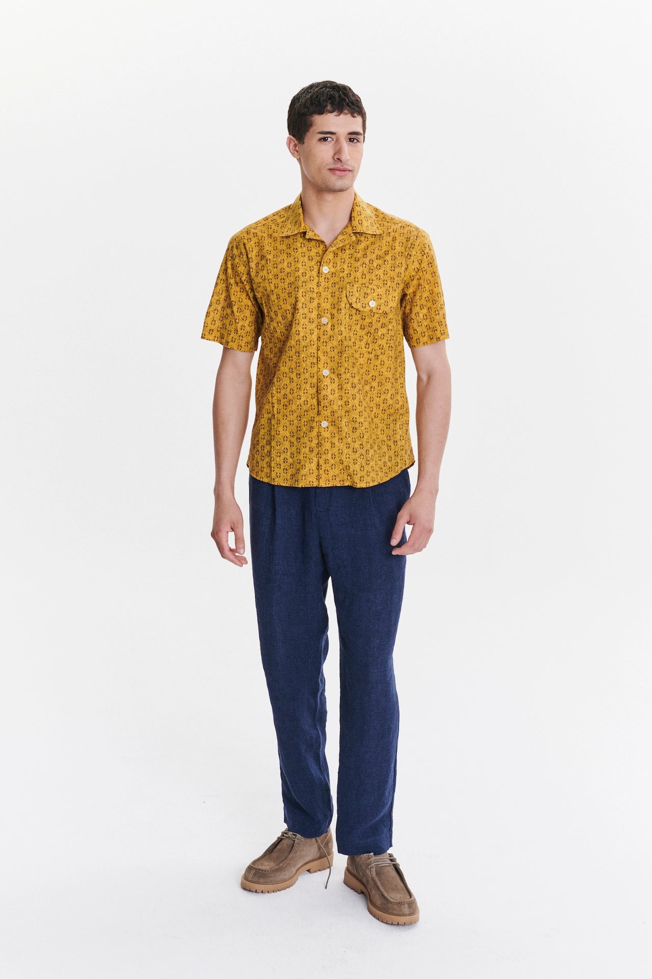 Short Sleeve Camp Collar Shirt in a Yellow and Sepia Brown Abstract Print Italian Cotton