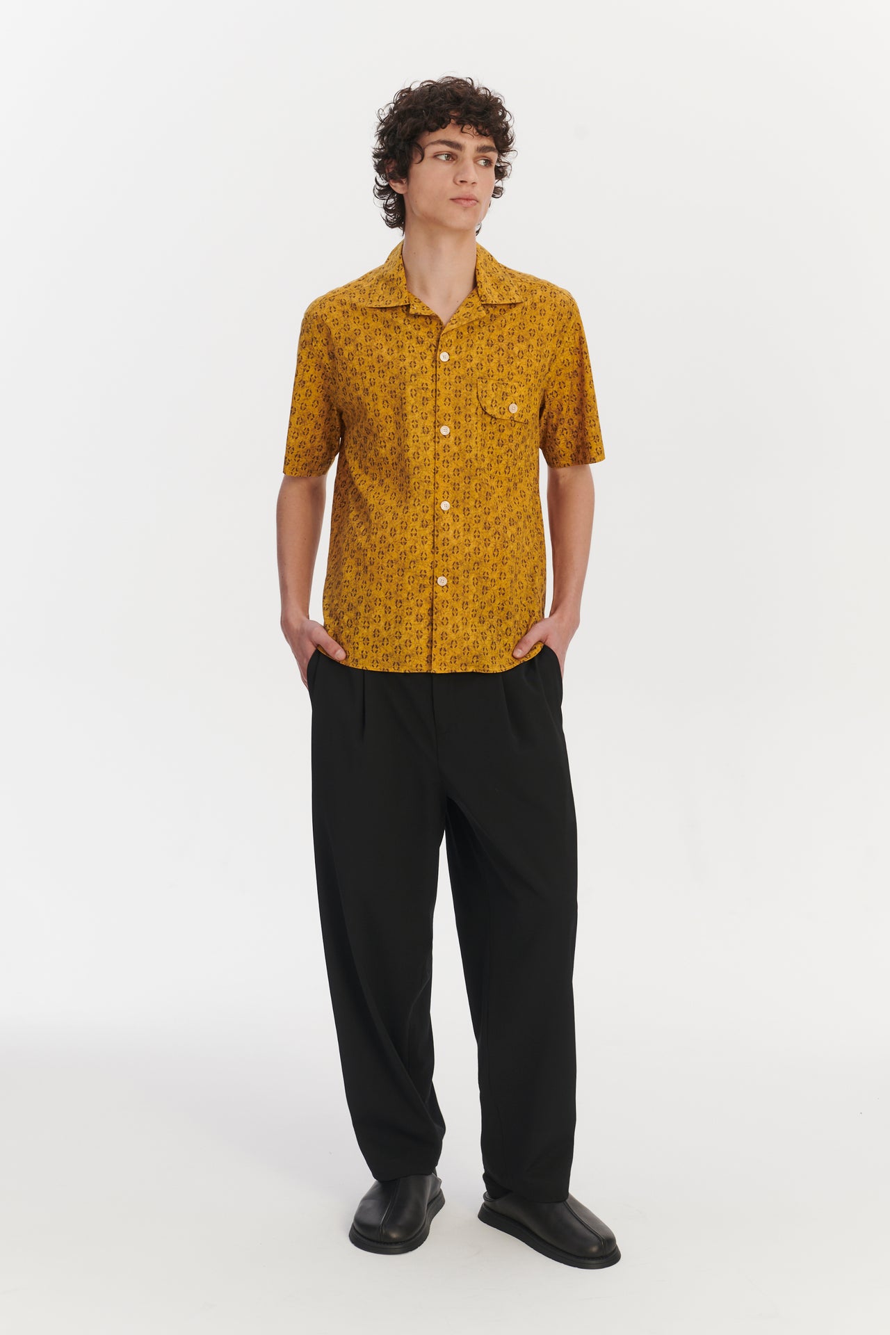 Short Sleeve Camp Collar Shirt in a Yellow and Sepia Brown Abstract Print Italian Cotton