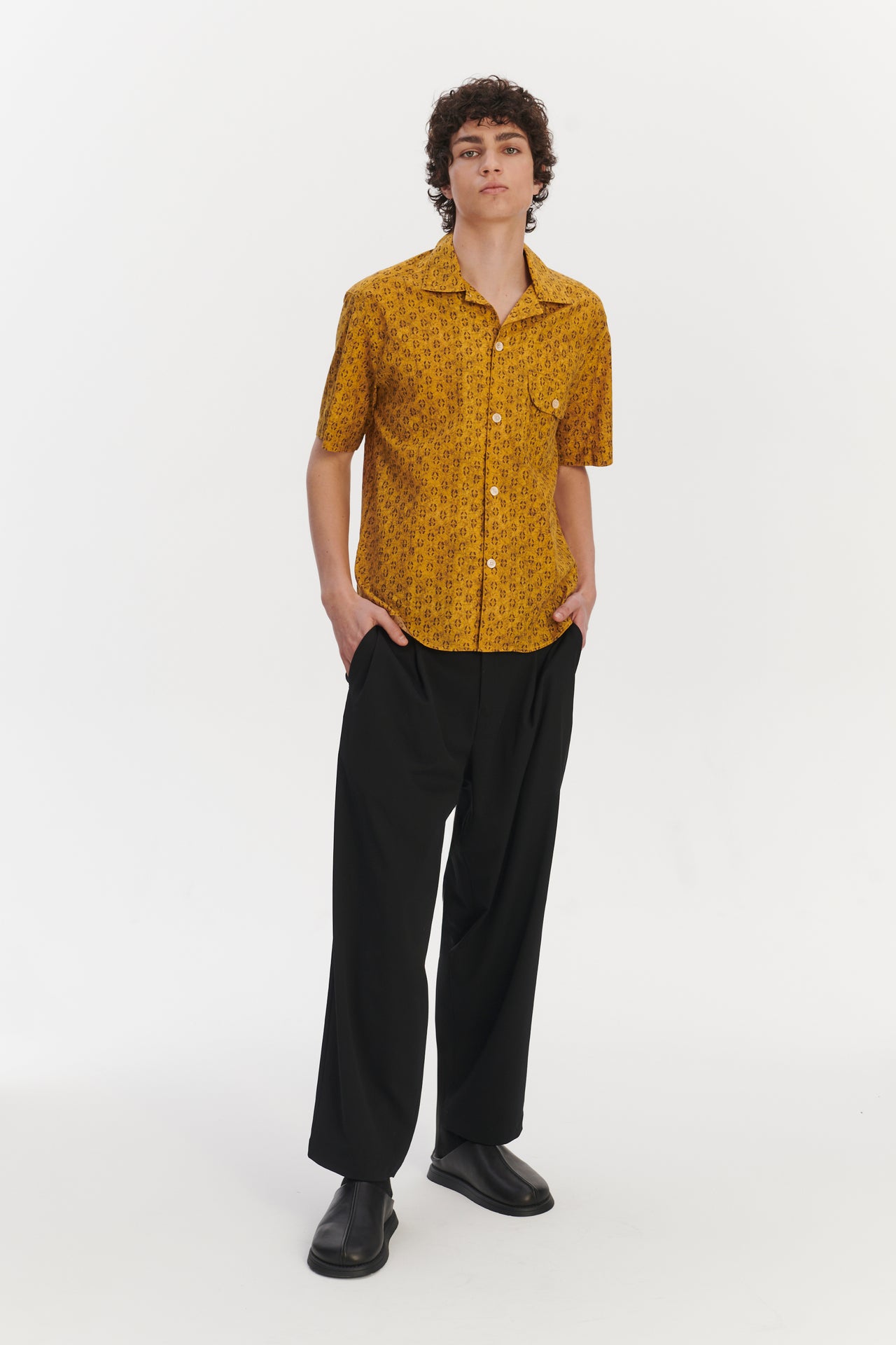 Short Sleeve Camp Collar Shirt in a Yellow and Sepia Brown Abstract Print Italian Cotton