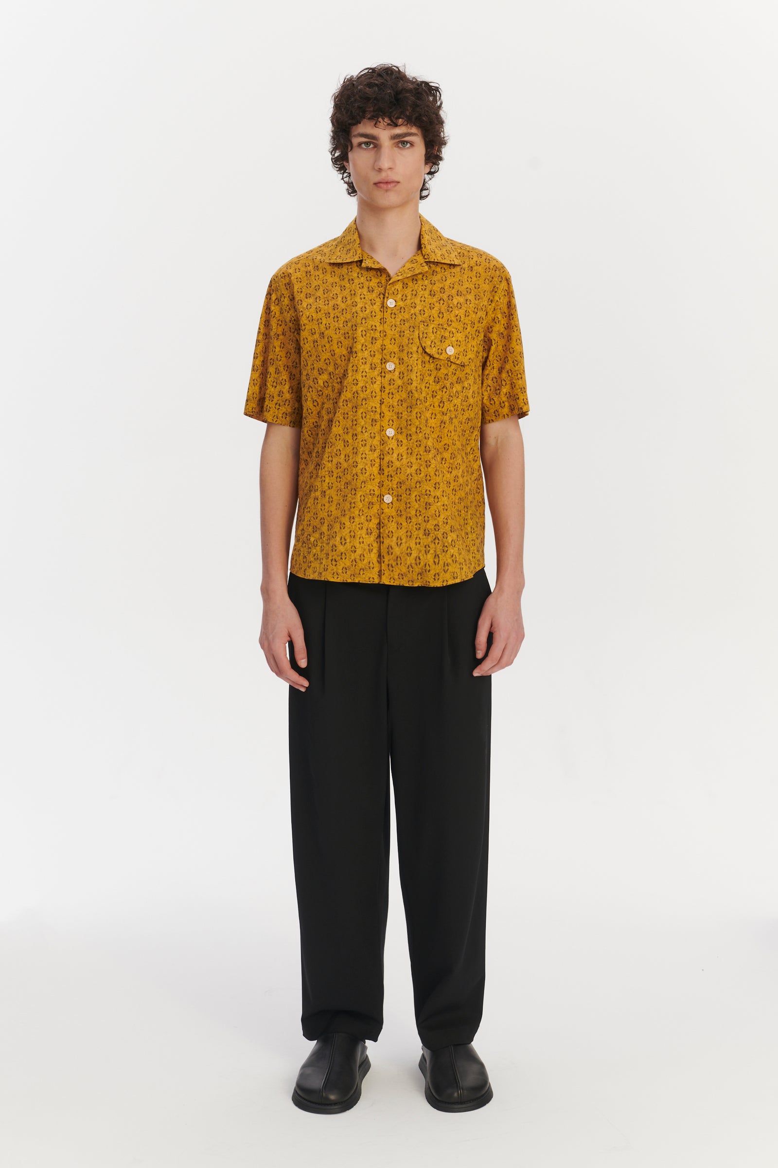 Short Sleeve Camp Collar Shirt in a Curcuma and Sepia Italian Cotton