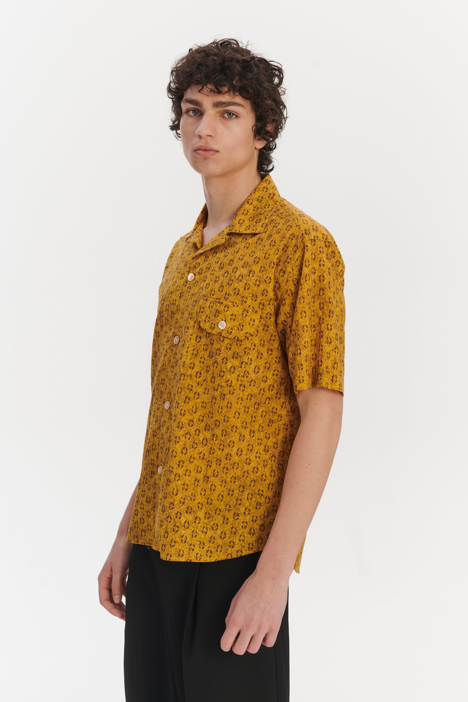 Short Sleeve Camp Collar Shirt in a Curcuma and Sepia Italian Cotton