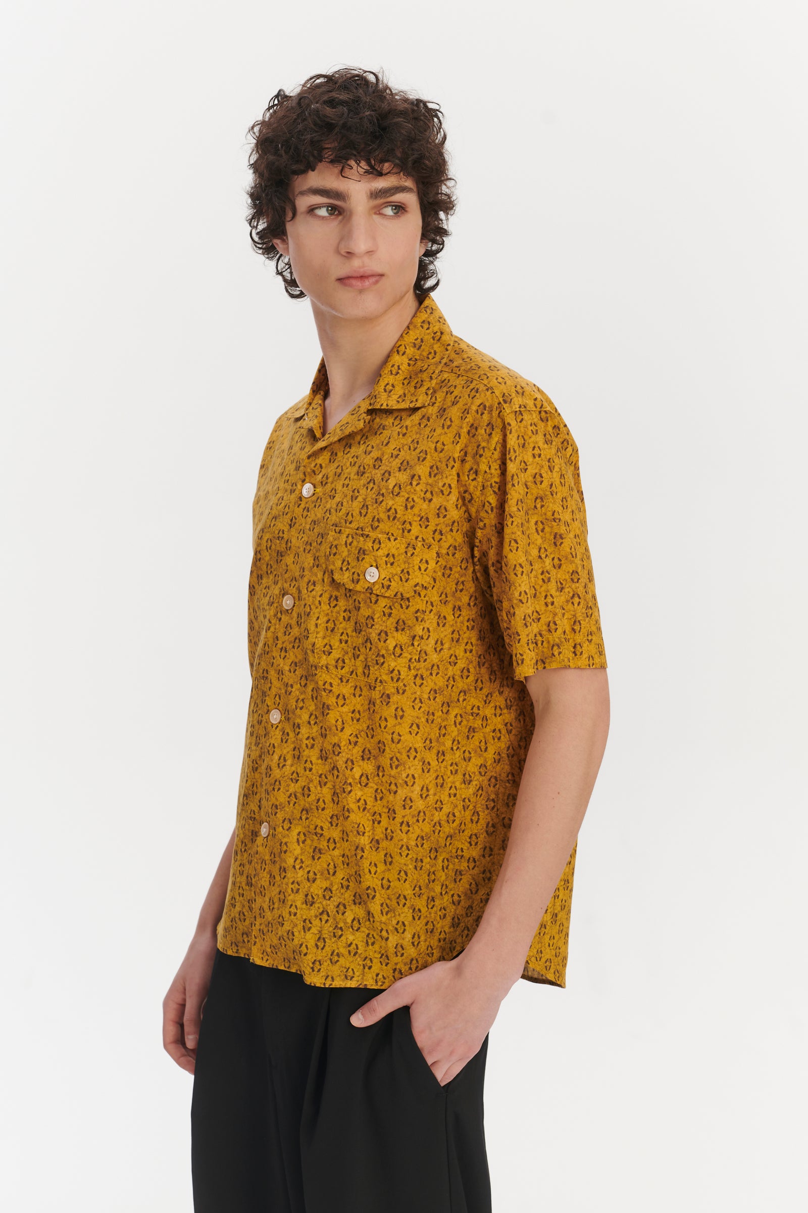 Short Sleeve Camp Collar Shirt in a Curcuma and Sepia Italian Cotton