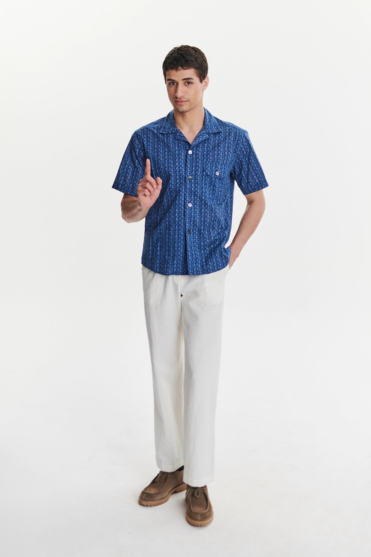 Short Sleeve Camp Collar Shirt in a Blue Abstract Flower Print Italian Cotton