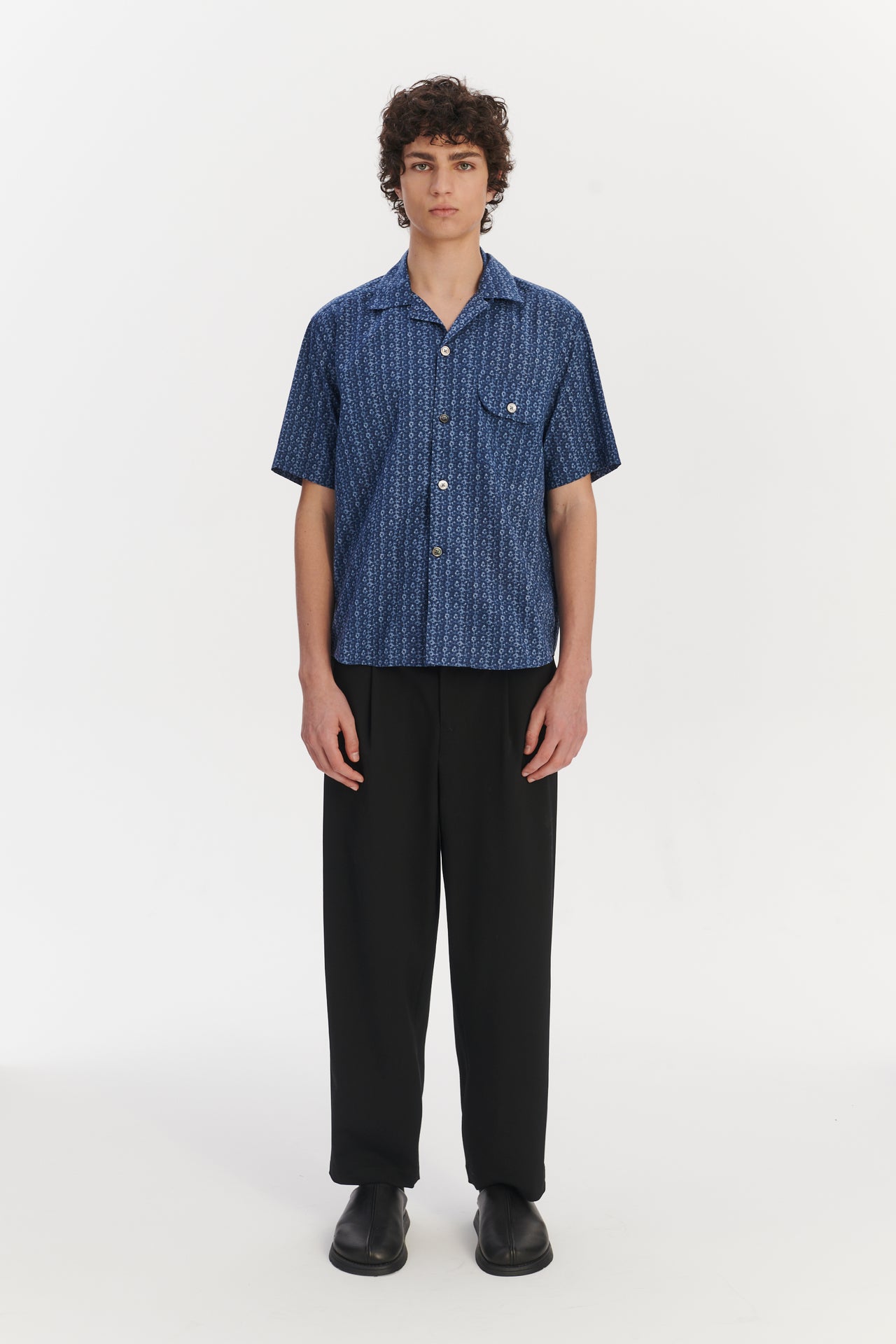 Short Sleeve Camp Collar Shirt in a Blue Abstract Print Italian Cotton