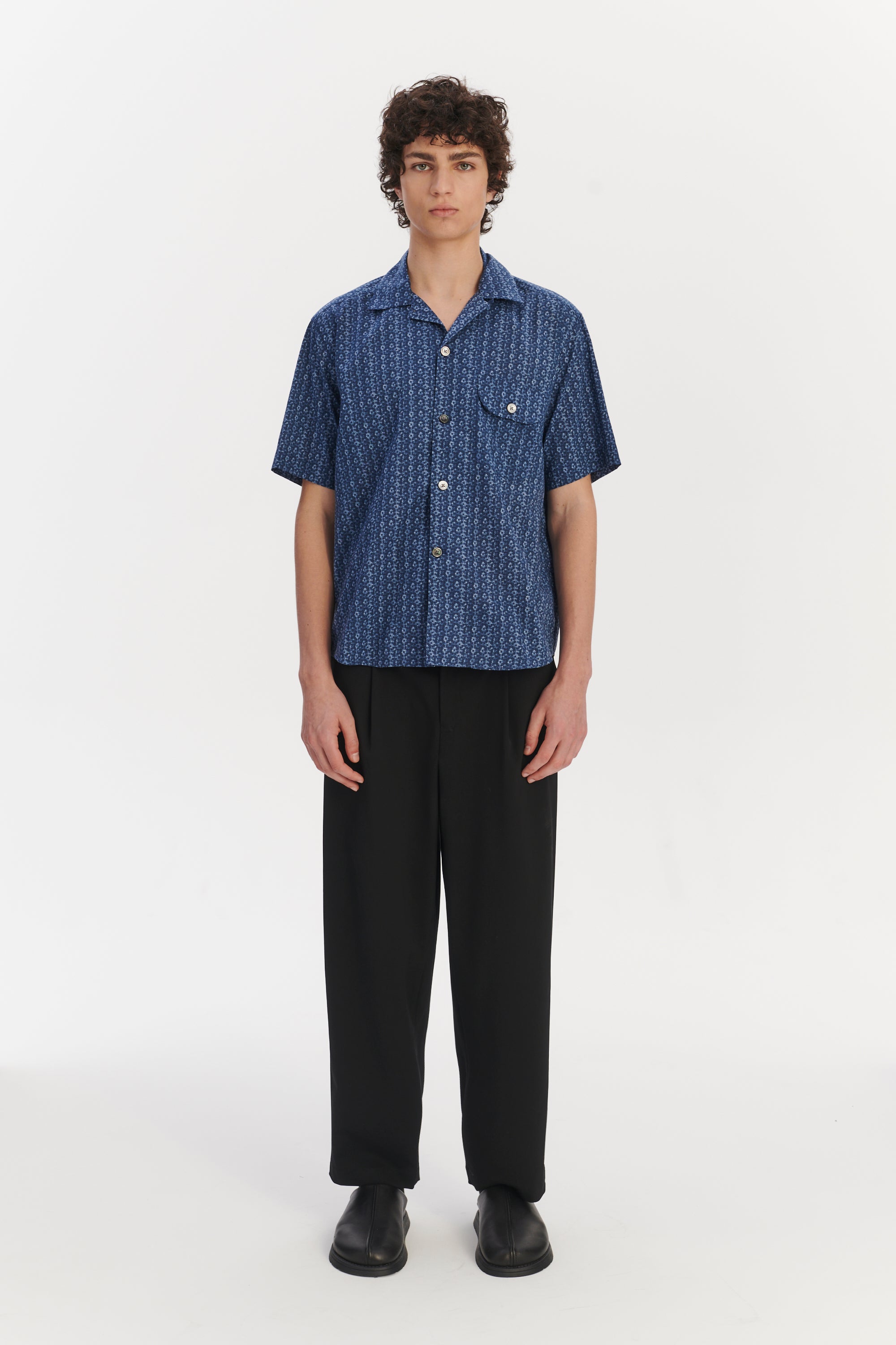 Short Sleeve Camp Collar Shirt in a Blue Abstract Print Italian Cotton