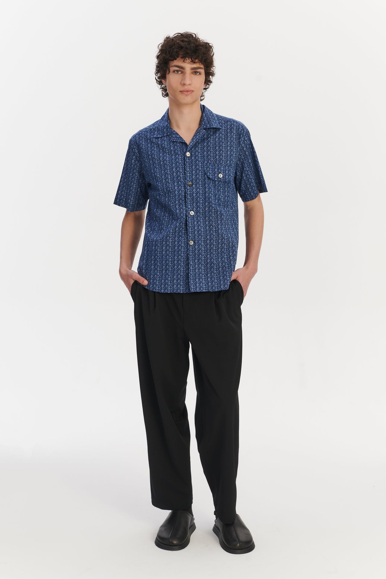 Short Sleeve Camp Collar Shirt in a Blue Abstract Print Italian Cotton
