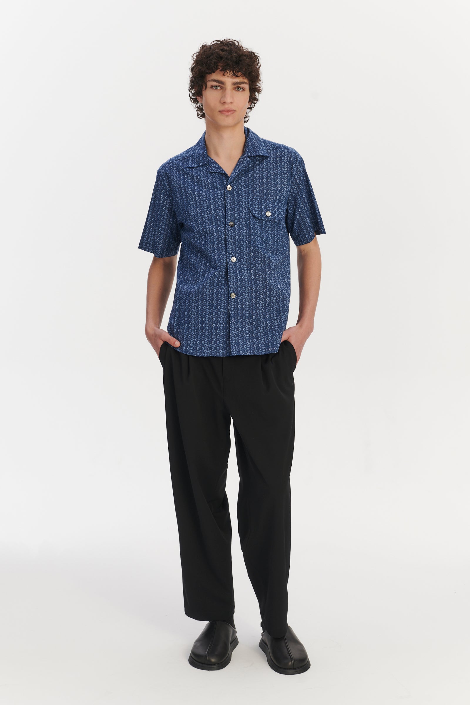 Short Sleeve Camp Collar Shirt in a Blue Abstract Flower Print Italian Cotton