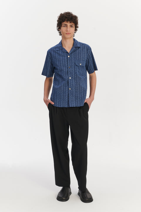 Short Sleeve Camp Collar Shirt in a Blue Abstract Print Italian Cotton