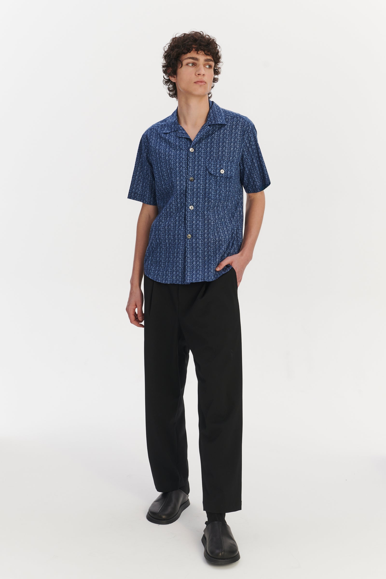 Short Sleeve Camp Collar Shirt in a Blue Abstract Flower Print Italian Cotton