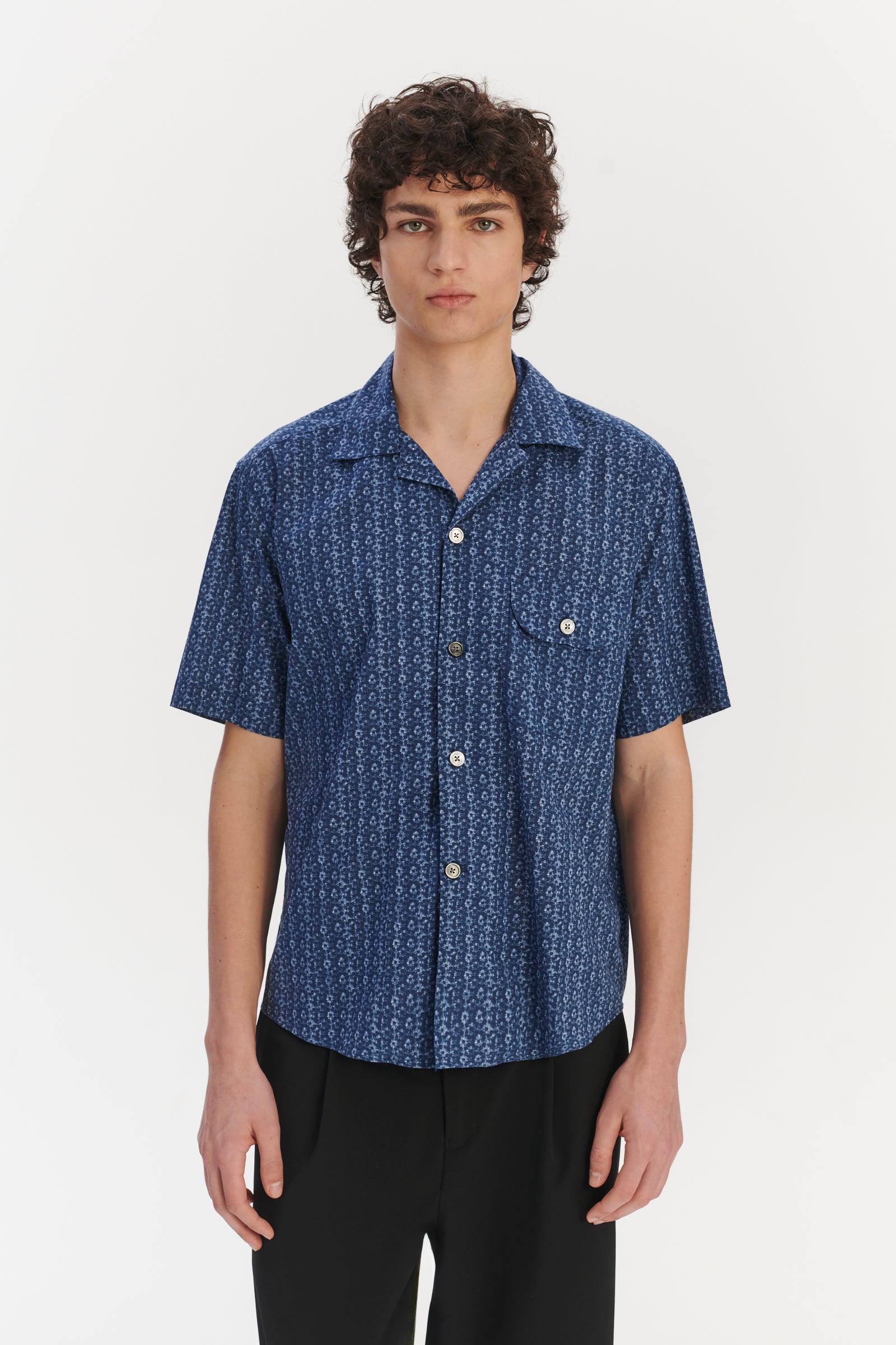 Short Sleeve Camp Collar Shirt in a Blue Abstract Flower Print Italian Cotton
