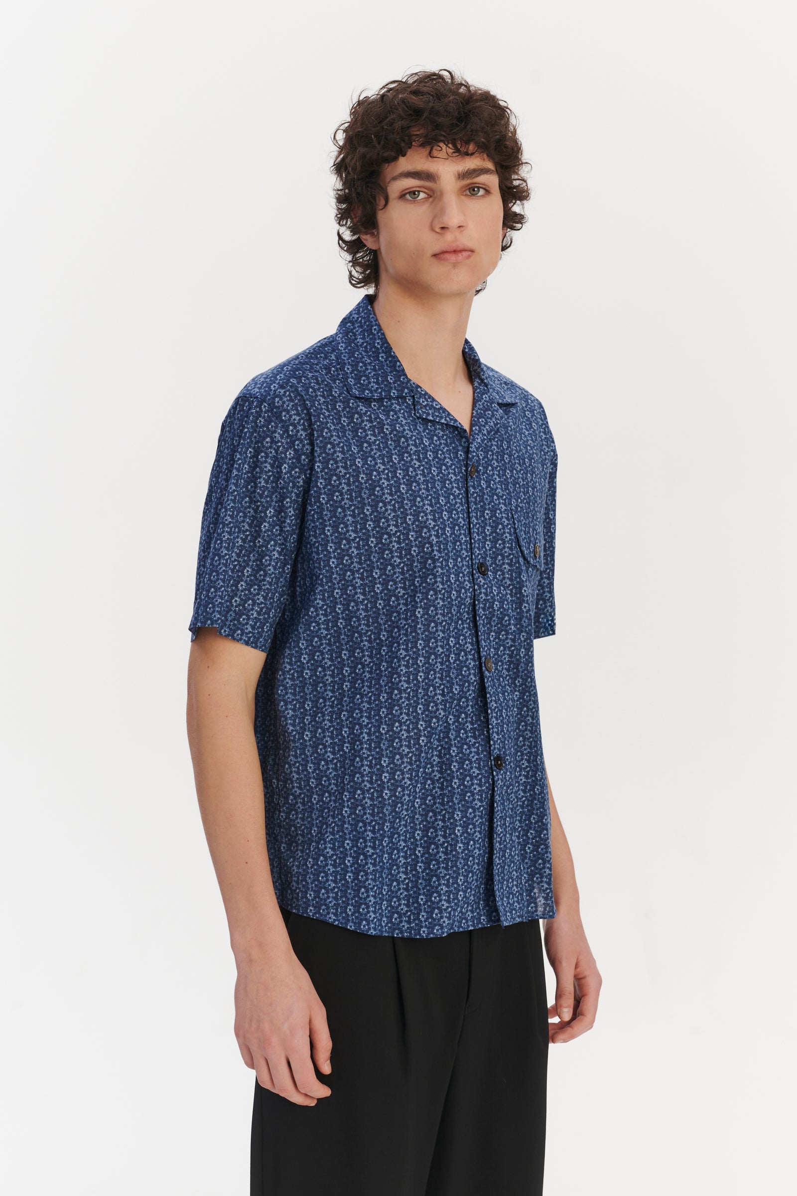 Short Sleeve Camp Collar Shirt in a Blue Abstract Flower Print Italian Cotton