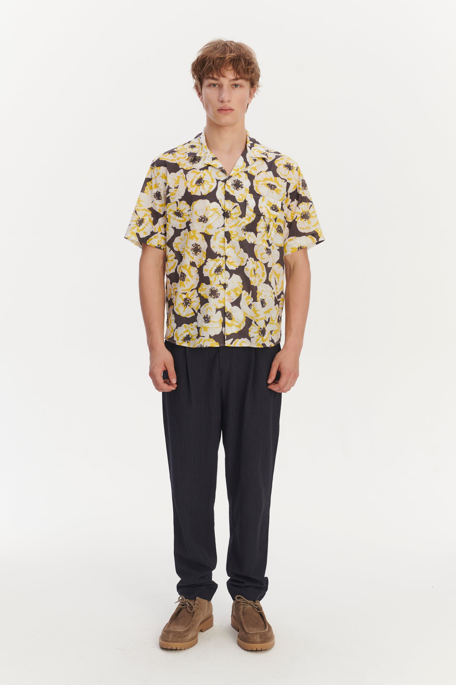 Short Sleeve Camp Collar Shirt in a Neon Yellow, White and Brown Italian Cotton
