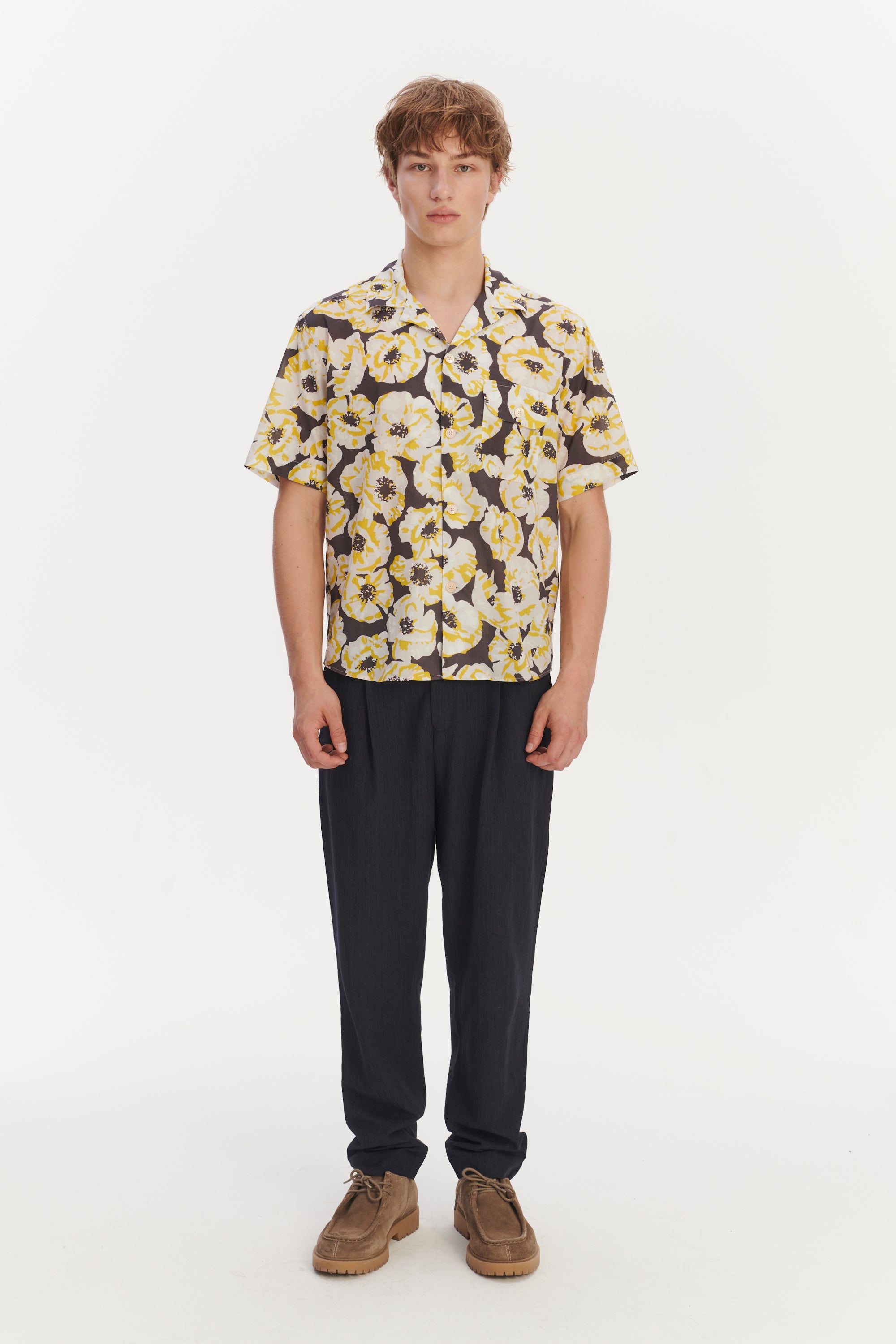 Short Sleeve Camp Collar Shirt in a Neon Yellow, White and Brown Italian Cotton