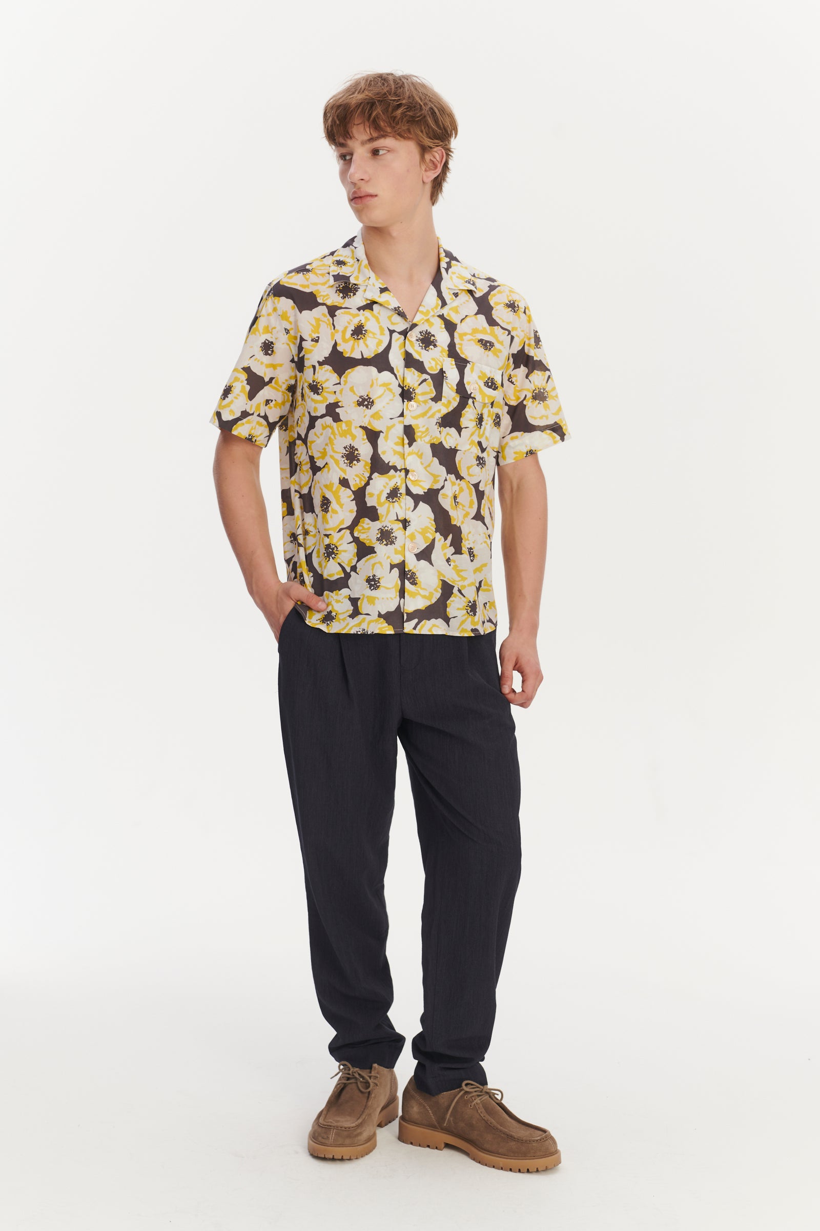 Short Sleeve Camp Collar Shirt in a Neon Yellow, White and Brown Italian Cotton