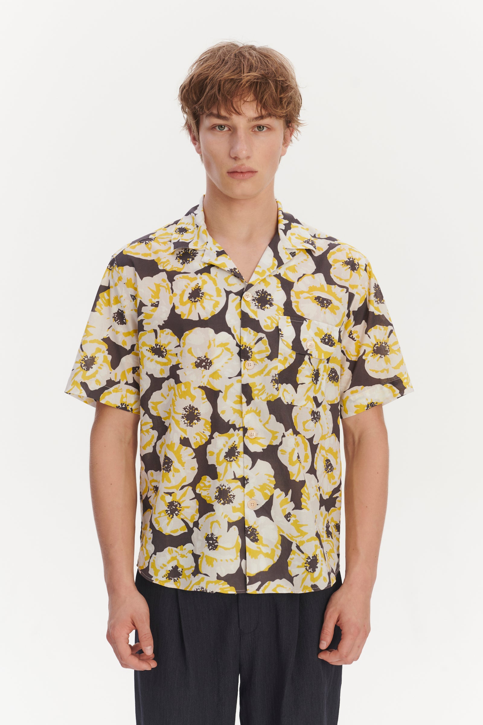 Short Sleeve Camp Collar Shirt in a Neon Yellow, White and Brown Italian Cotton