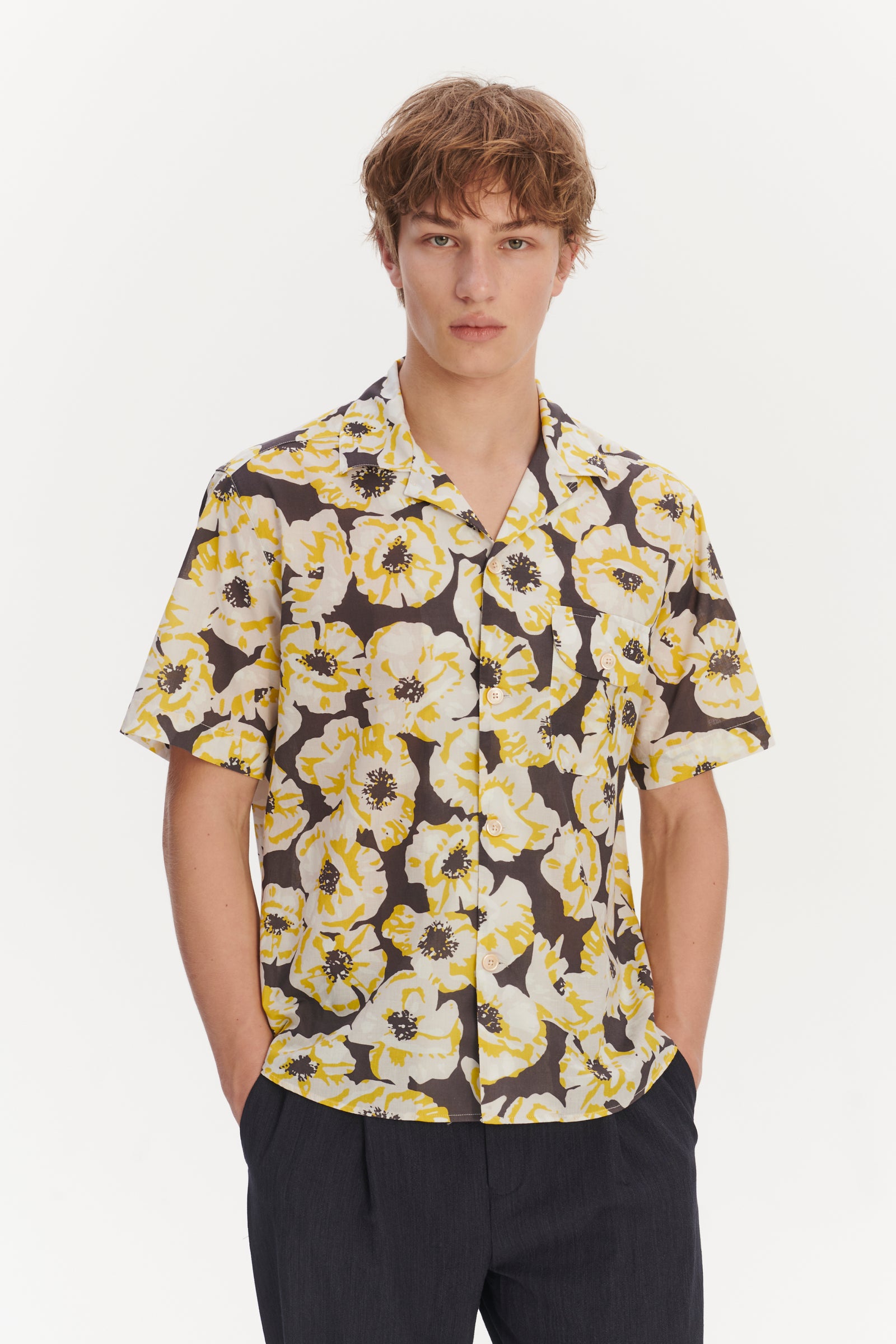 Short Sleeve Camp Collar Shirt in a Neon Yellow, White and Brown Italian Cotton